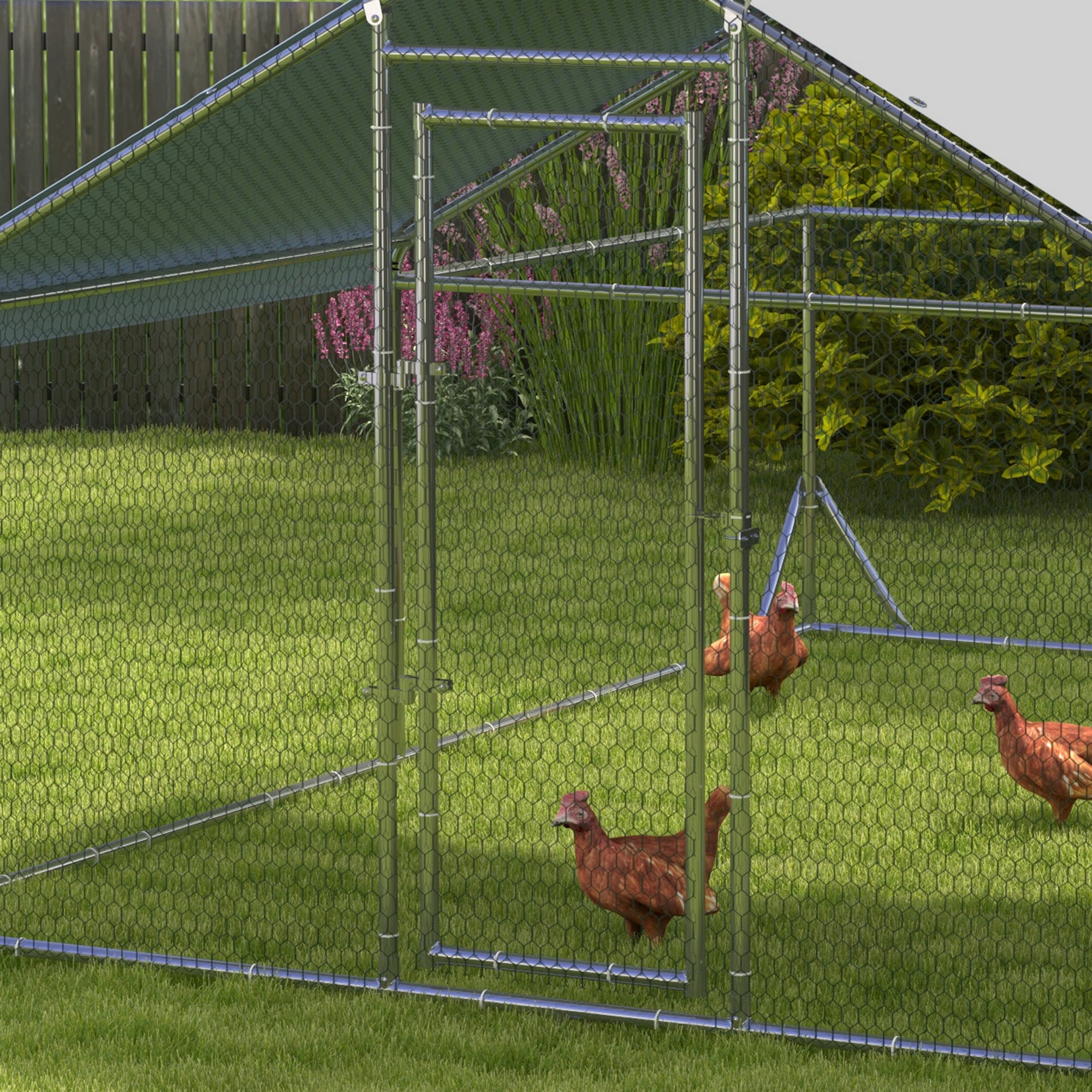 PawHut Walk In Chicken Run Chicken Coop Metal Large Hen House Outdoor for 10-12 Chickens with Cover, 4 x 3 x 2m, Silver