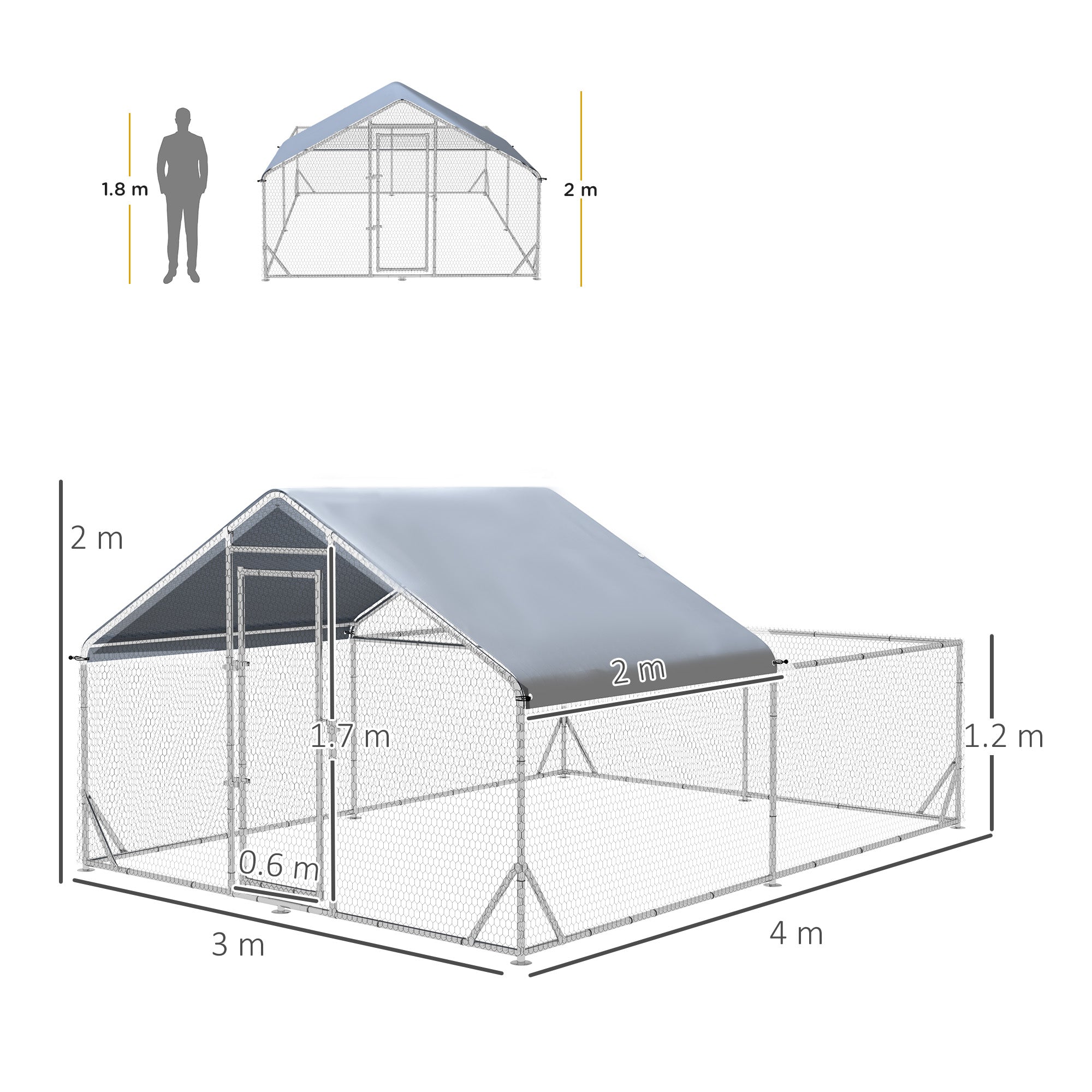 PawHut Walk In Chicken Run Chicken Coop Metal Large Hen House Outdoor for 10-12 Chickens with Cover, 4 x 3 x 2m, Silver