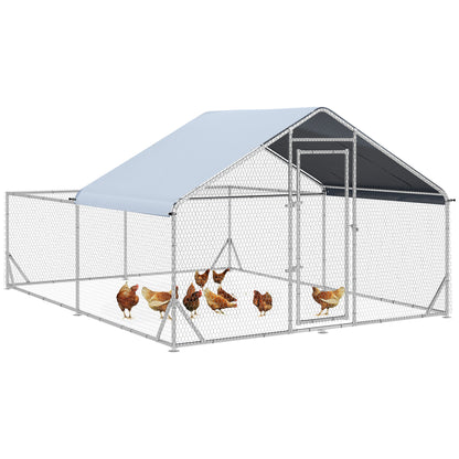 PawHut Walk In Chicken Run Chicken Coop Metal Large Hen House Outdoor for 10-12 Chickens with Cover, 4 x 3 x 2m, Silver