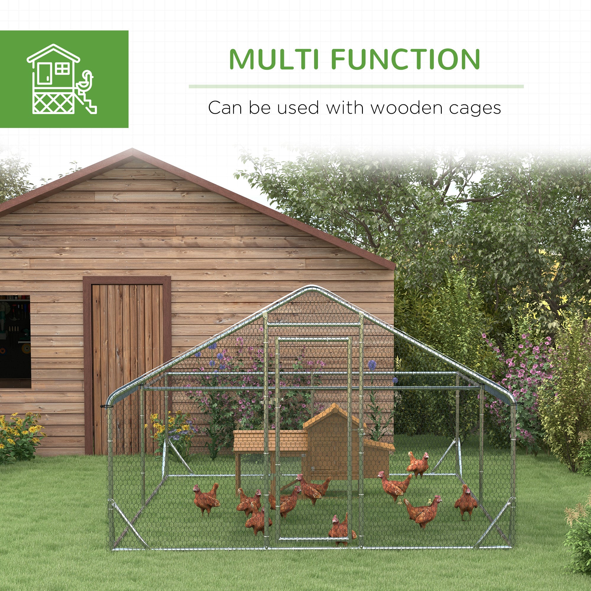 PawHut Walk In Chicken Run Chicken Coop Metal Large Hen House Outdoor for 10-12 Chickens with Cover, 4 x 3 x 2m, Silver