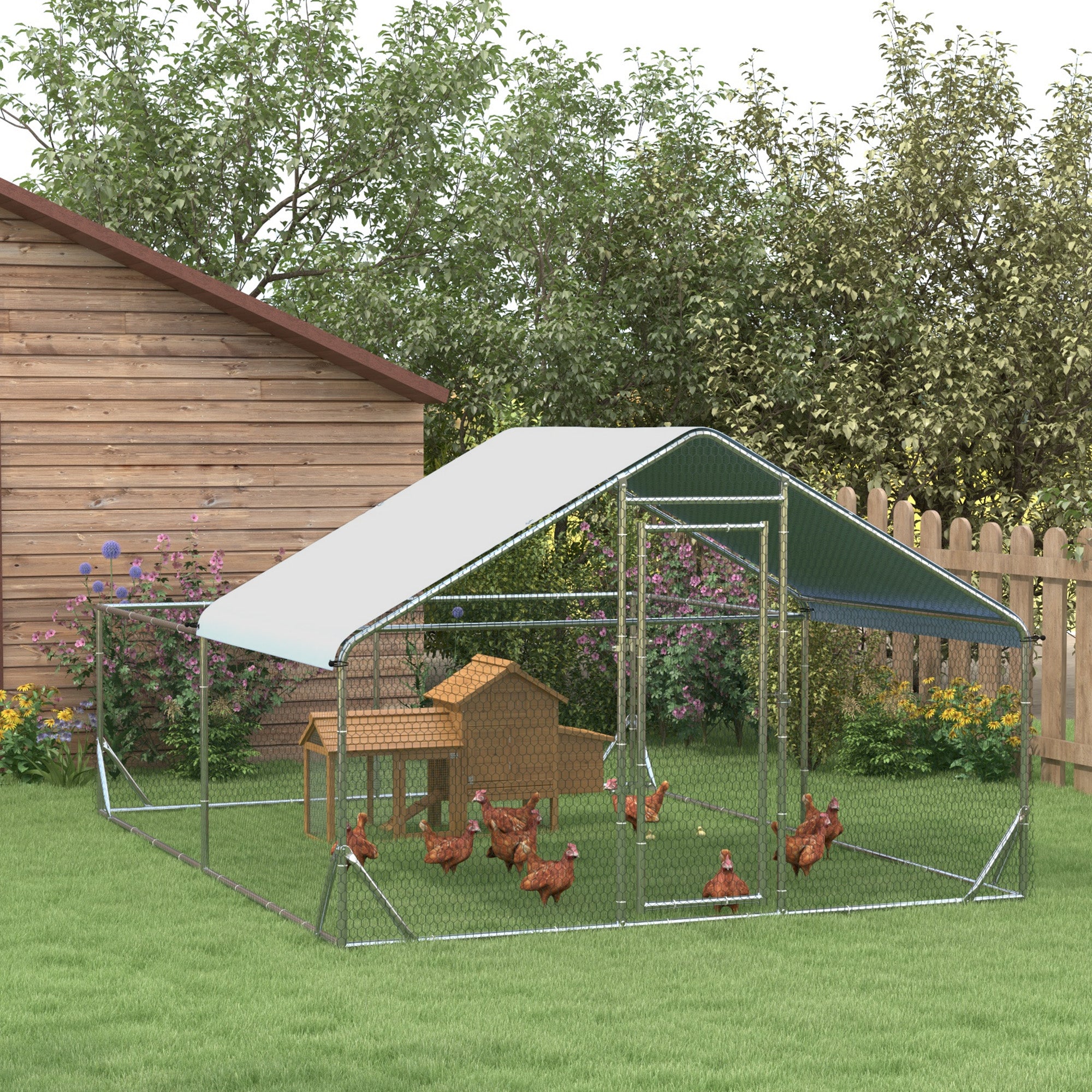PawHut Walk In Chicken Run Chicken Coop Metal Large Hen House Outdoor for 10-12 Chickens with Cover, 4 x 3 x 2m, Silver