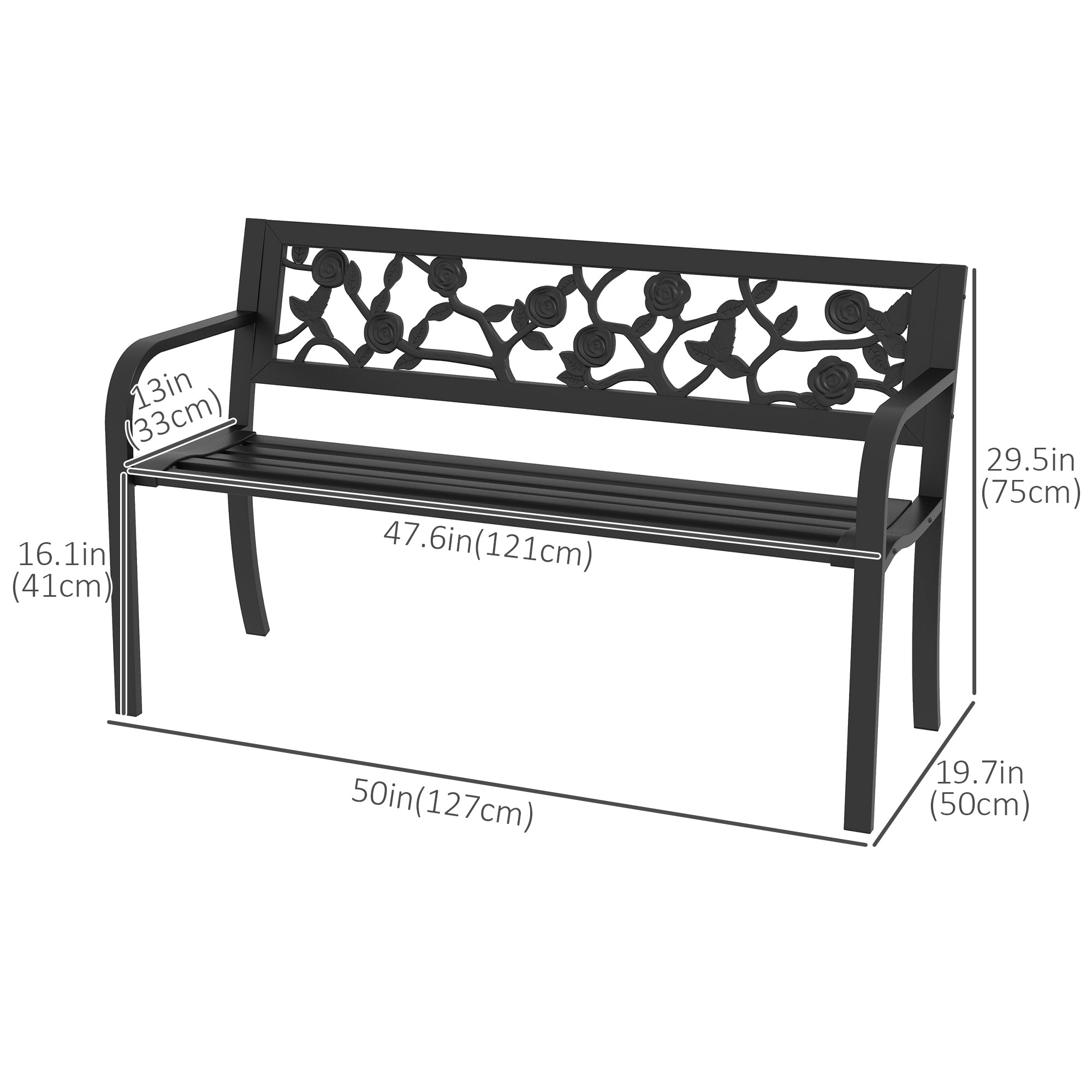 Outsunny 50" Outdoor Bench, Metal Frame Patio Loveseat with Floral Pattern Backrest, Cured Armrest, for Conservatory, Garden, Poolside, Deck, Black