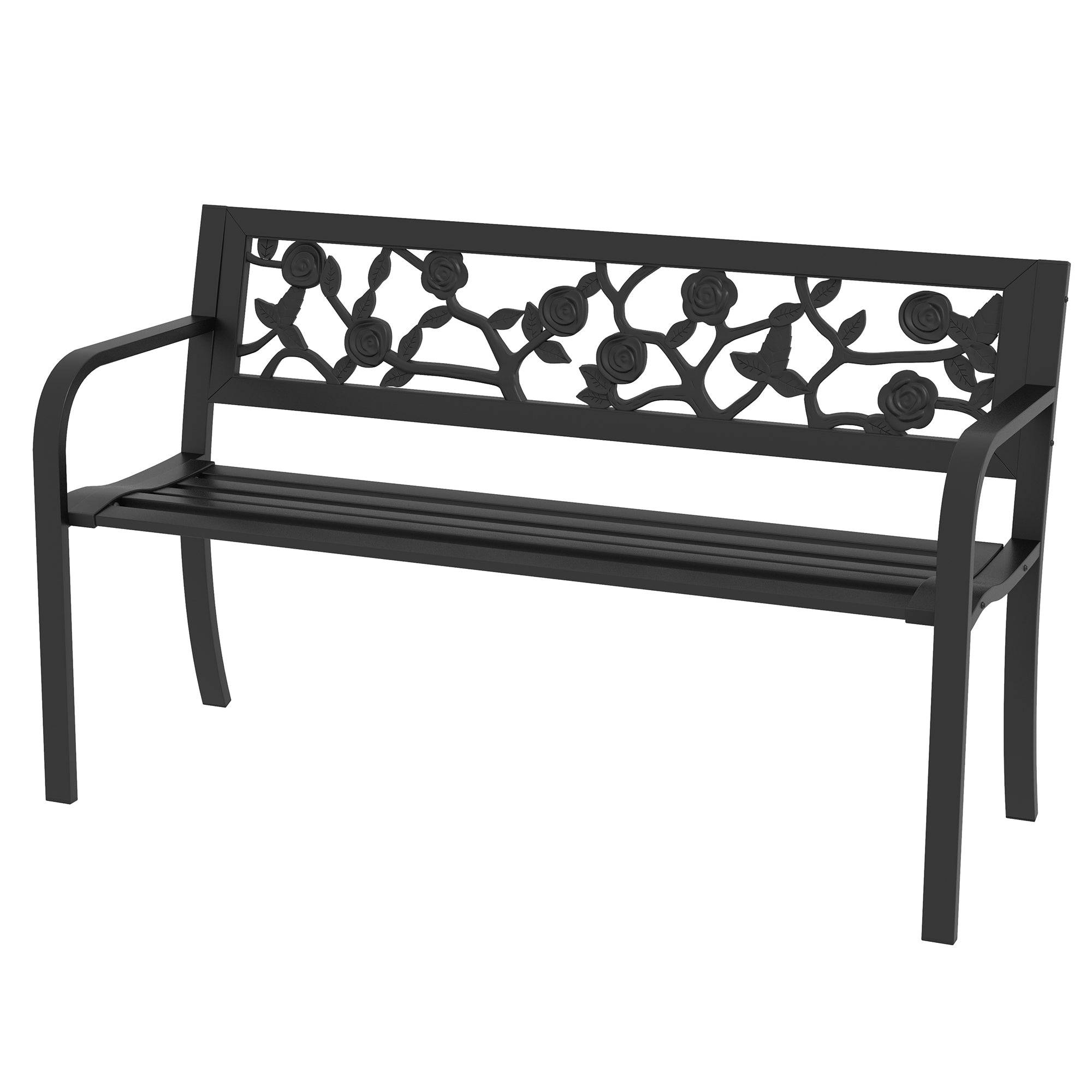 Outsunny 50" Outdoor Bench, Metal Frame Patio Loveseat with Floral Pattern Backrest, Cured Armrest, for Conservatory, Garden, Poolside, Deck, Black