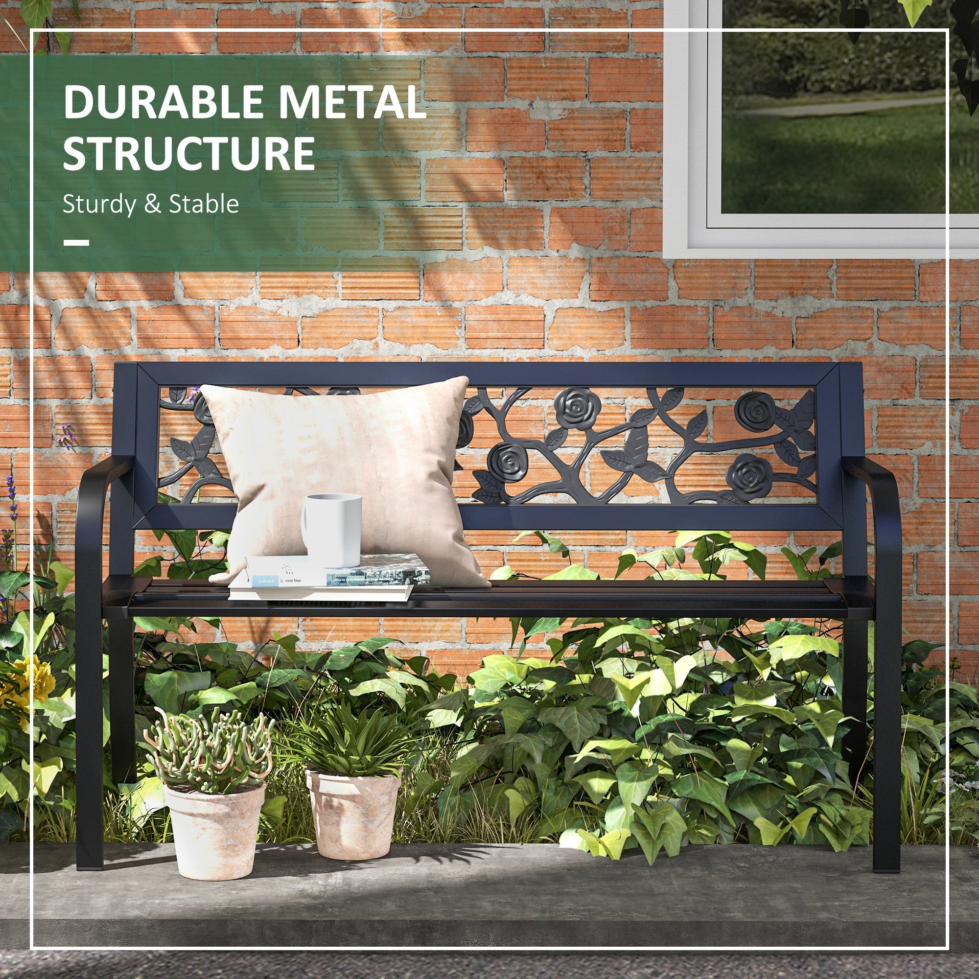 Outsunny 50" Outdoor Bench, Metal Frame Patio Loveseat with Floral Pattern Backrest, Cured Armrest, for Conservatory, Garden, Poolside, Deck, Black