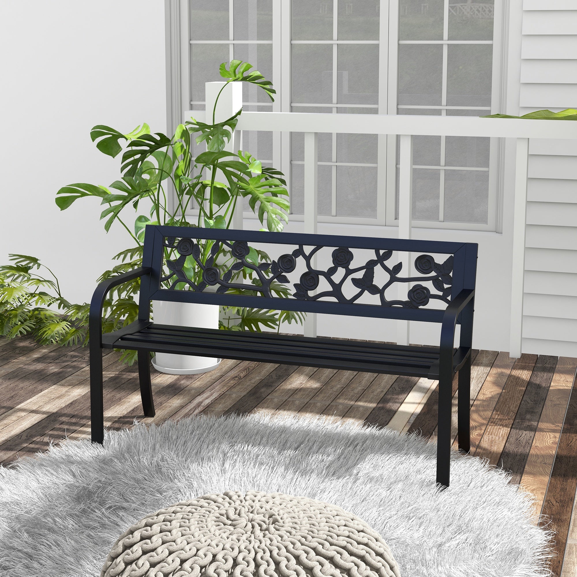 Outsunny 50" Outdoor Bench, Metal Frame Patio Loveseat with Floral Pattern Backrest, Cured Armrest, for Conservatory, Garden, Poolside, Deck, Black