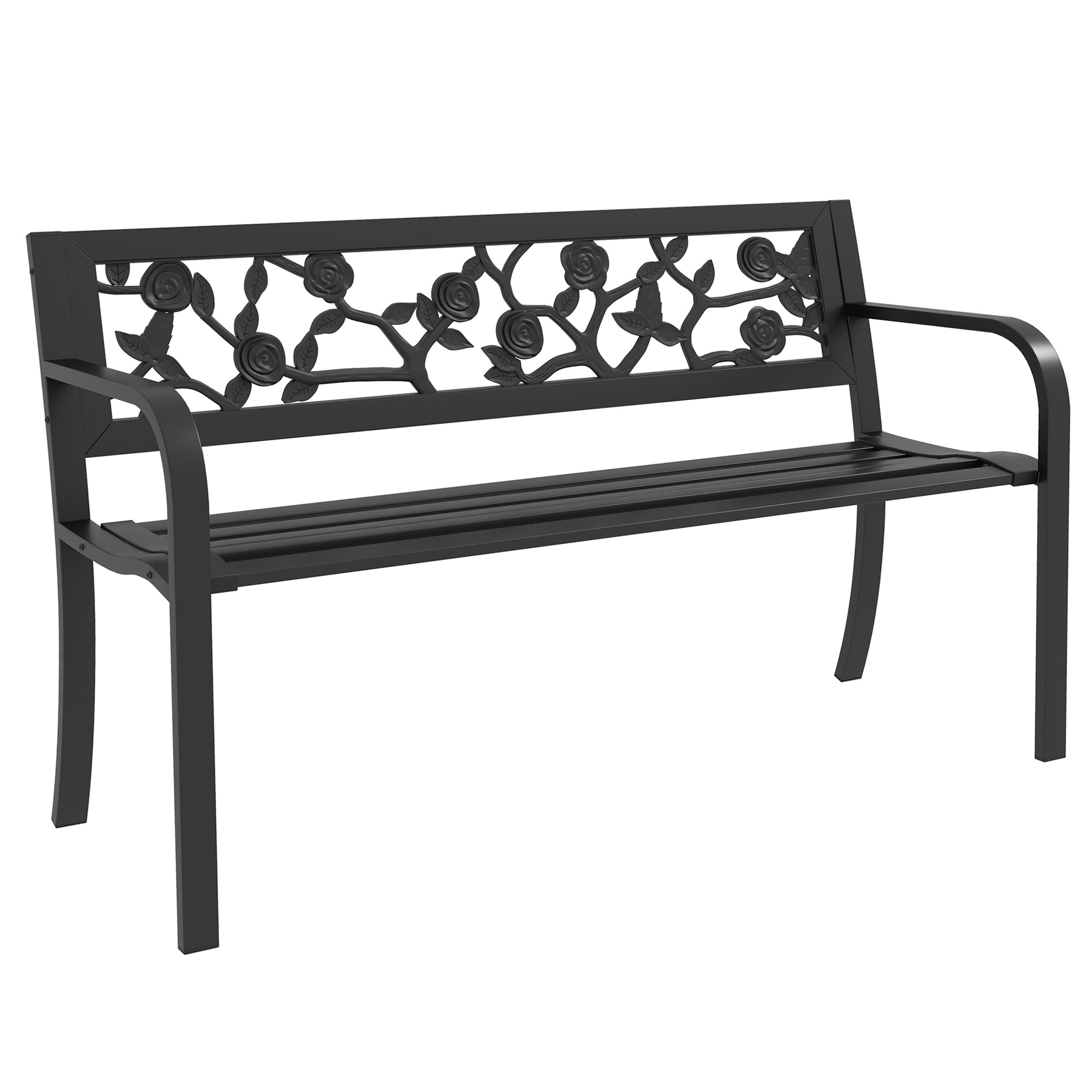 Outsunny 50" Outdoor Bench, Metal Frame Patio Loveseat with Floral Pattern Backrest, Cured Armrest, for Conservatory, Garden, Poolside, Deck, Black