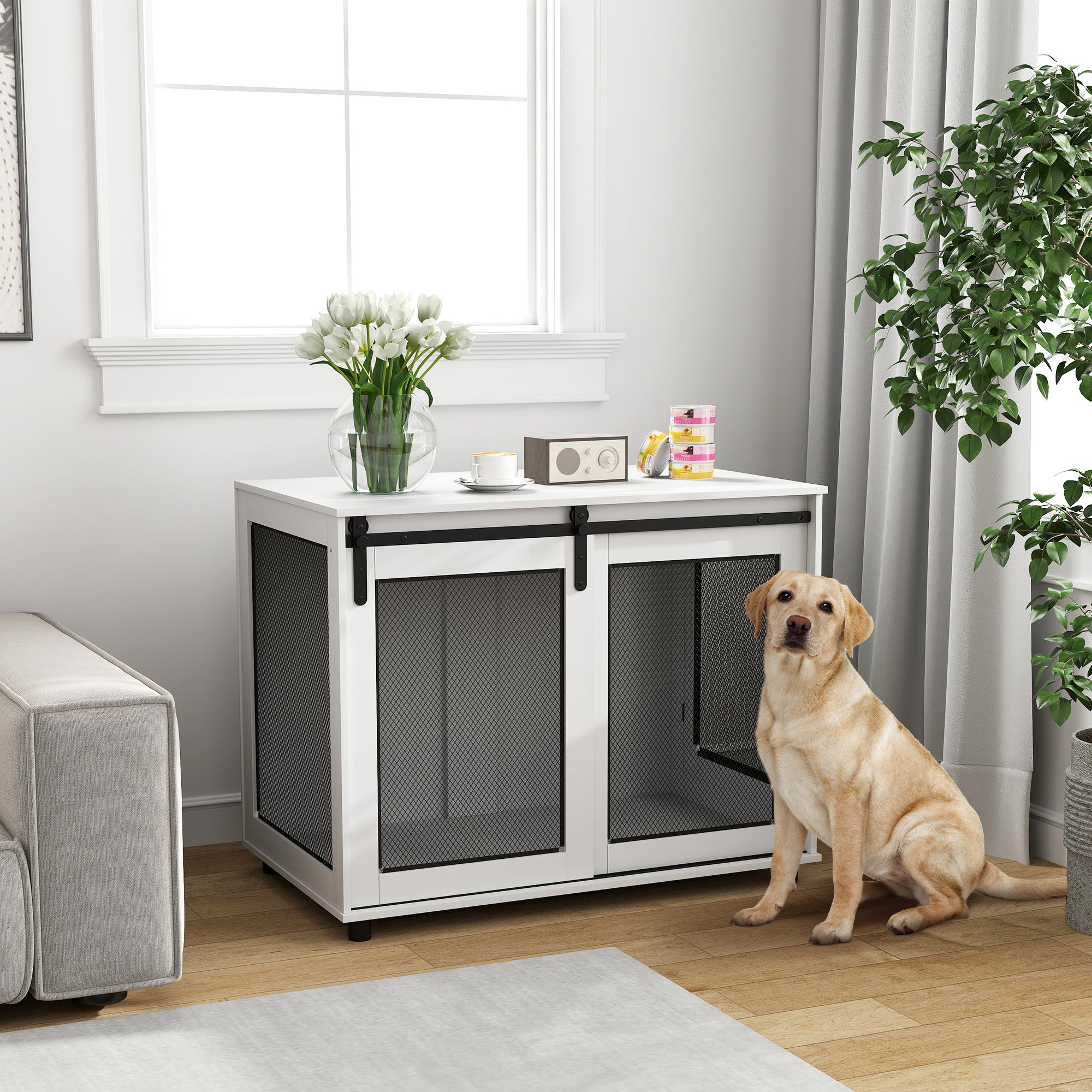 PawHut Dog Crate Furniture, 39" Dog Kennel End Table with Sliding Barn Door, Furniture Style Dog Cage for Large Dogs, White