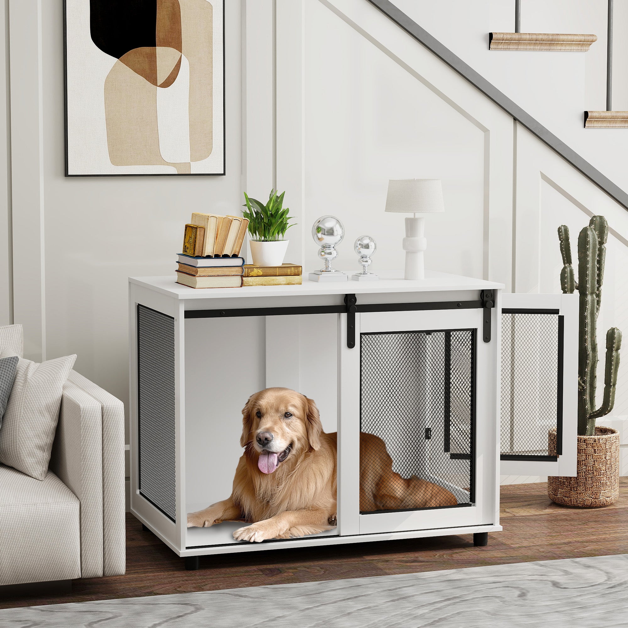 PawHut Dog Crate Furniture, 39" Dog Kennel End Table with Sliding Barn Door, Furniture Style Dog Cage for Large Dogs, White
