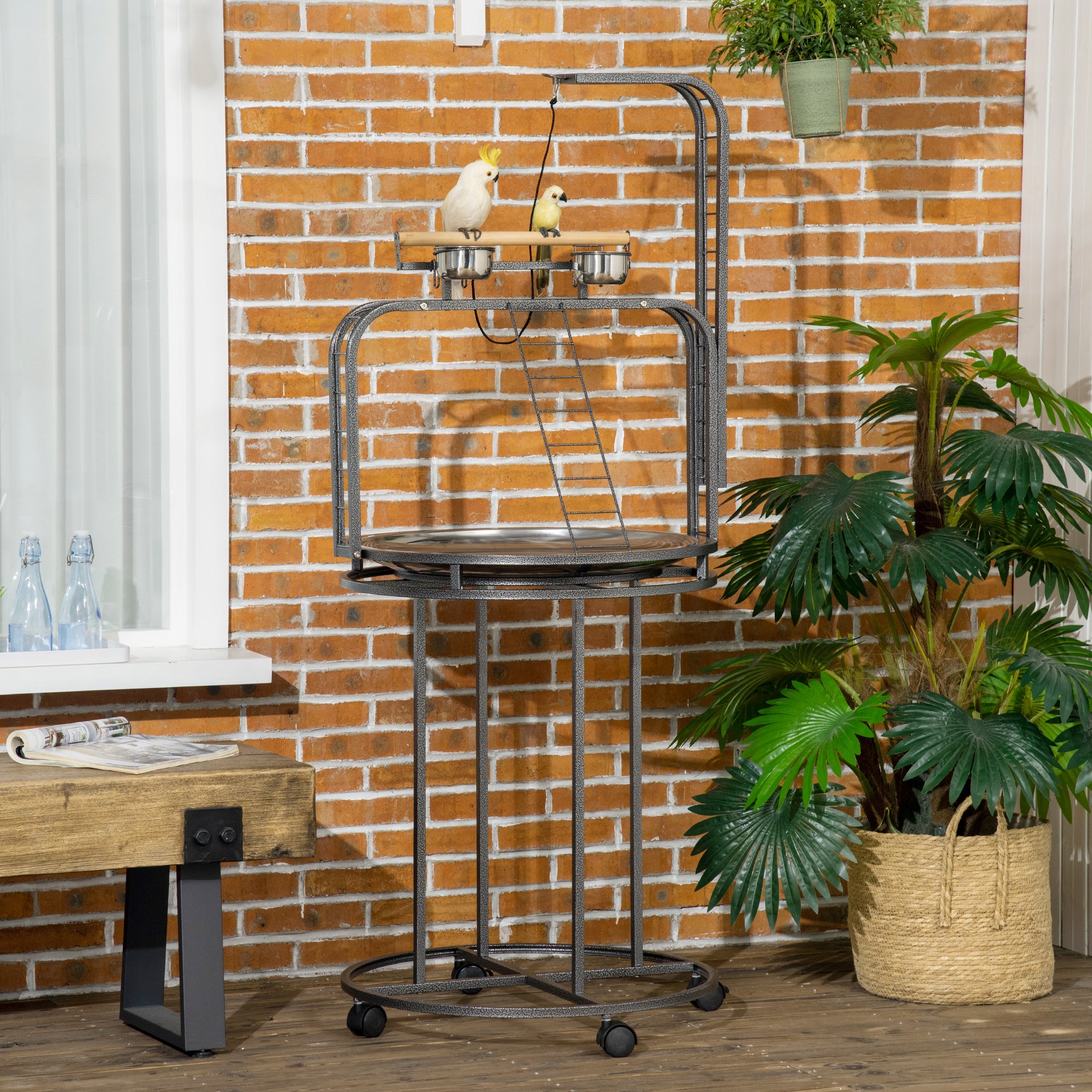 PawHut Parrot Stand Large Bird Perch Stand with Toy Hook & 3 Ladders, Parrot Perch with Easy Grip, Bird Wooden Stand, Gray