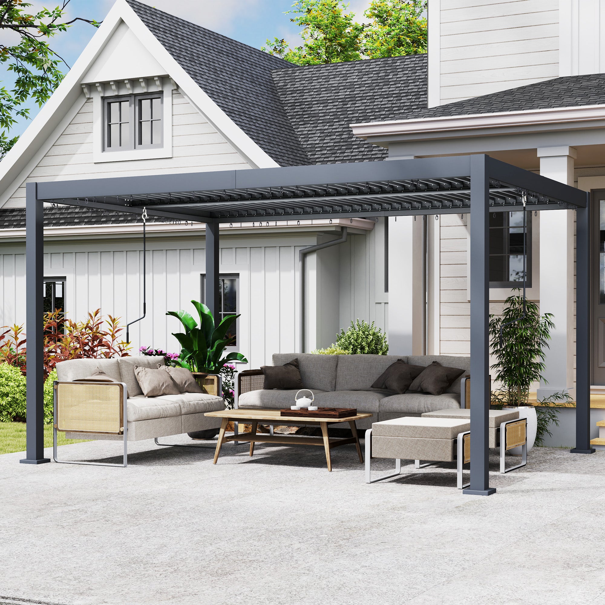 Outsunny 10' x 12' Louvered Pergola with Adjustable Metal Roof and Aluminum Frame, Outdoor Pergola Hardtop Gazebo with Drainage System, Water and UV Proof for Deck Backyard Patio