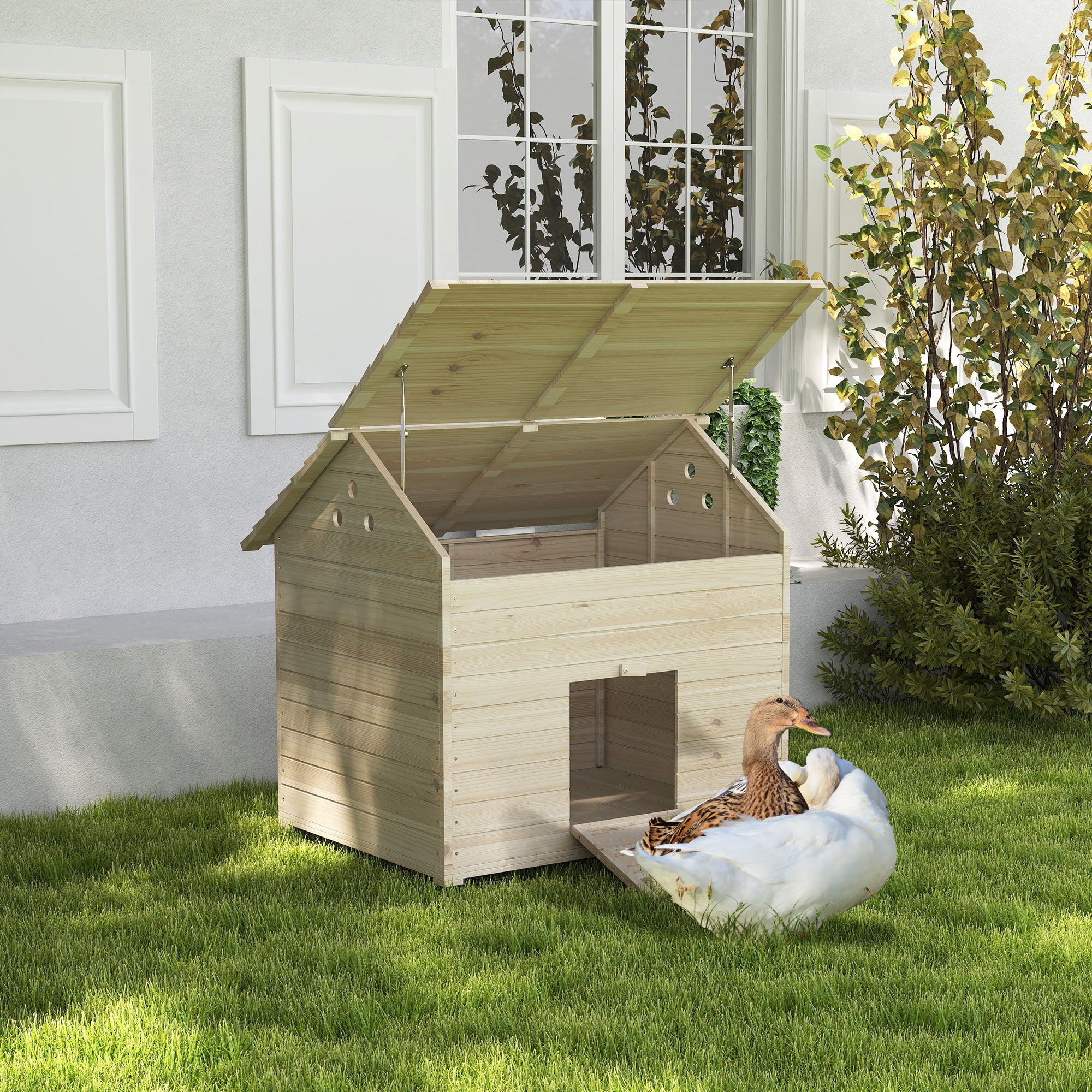 PawHut Wooden Duck House Poultry Coop for 2-4 Ducks with Openable Roof Raised Feet Air Holes Natural
