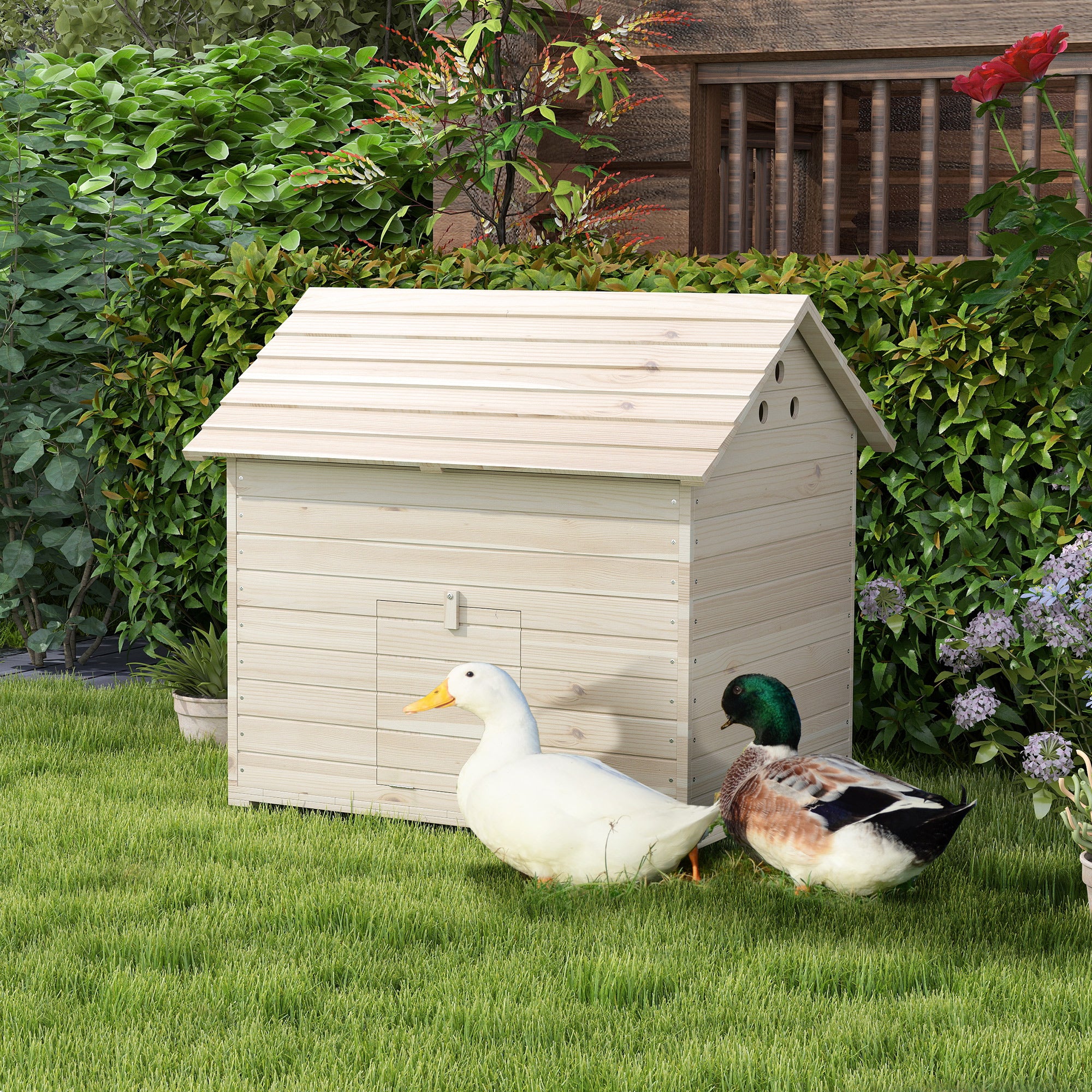 PawHut Wooden Duck House Poultry Coop for 2-4 Ducks with Openable Roof Raised Feet Air Holes Natural