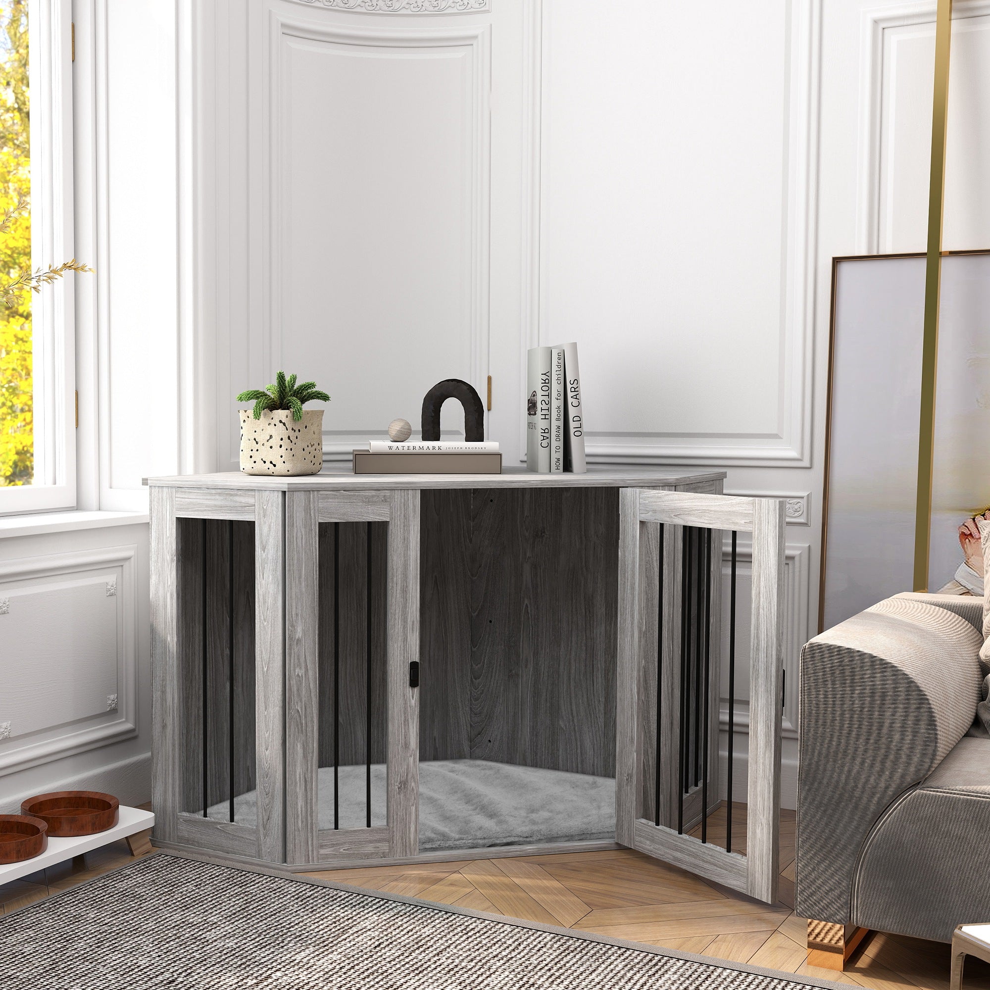 PawHut 2 in 1 Dog Crate Furniture, Side Table Dog Kennel with Cushion, Large Door, for Large Dogs - Grey