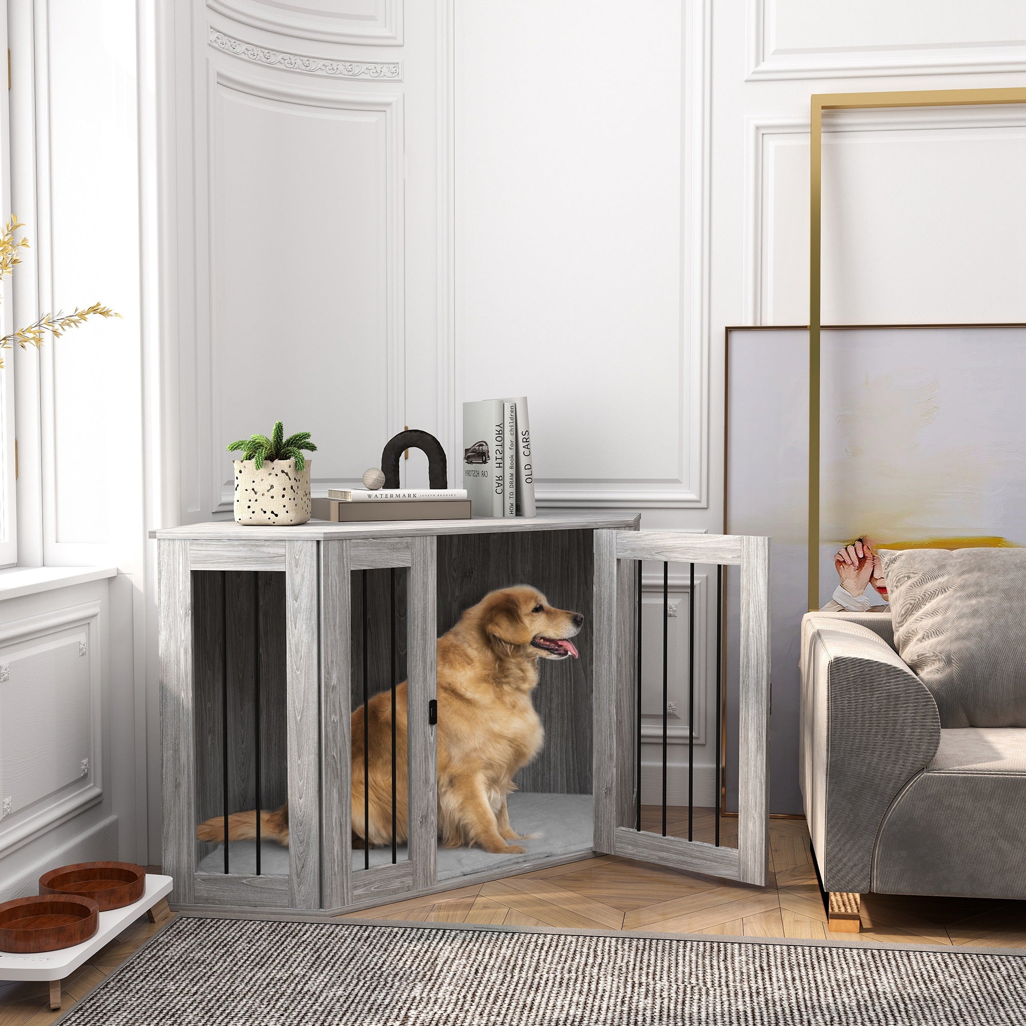 PawHut 2 in 1 Dog Crate Furniture, Side Table Dog Kennel with Cushion, Large Door, for Large Dogs - Grey