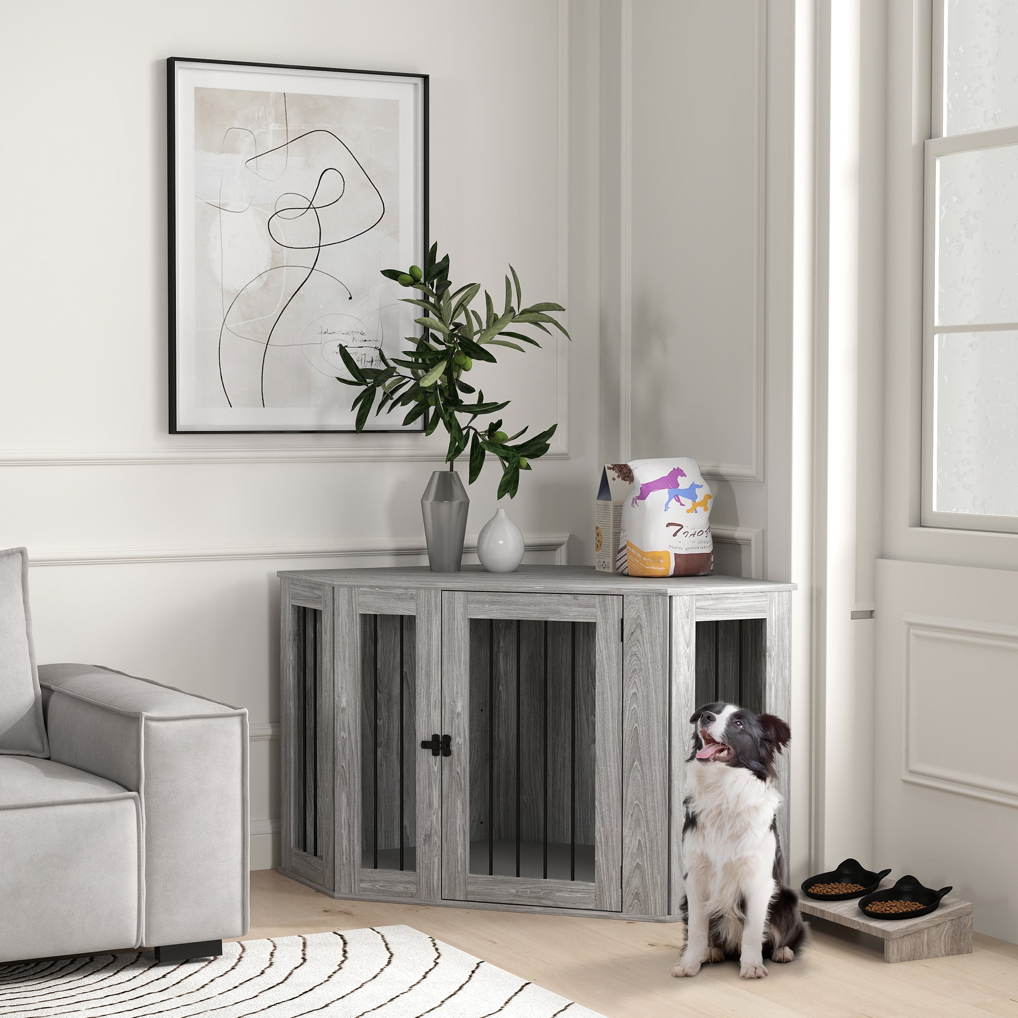 PawHut 2 in 1 Dog Crate Furniture, Side Table Dog Kennel with Cushion, Large Door, for Large Dogs - Grey
