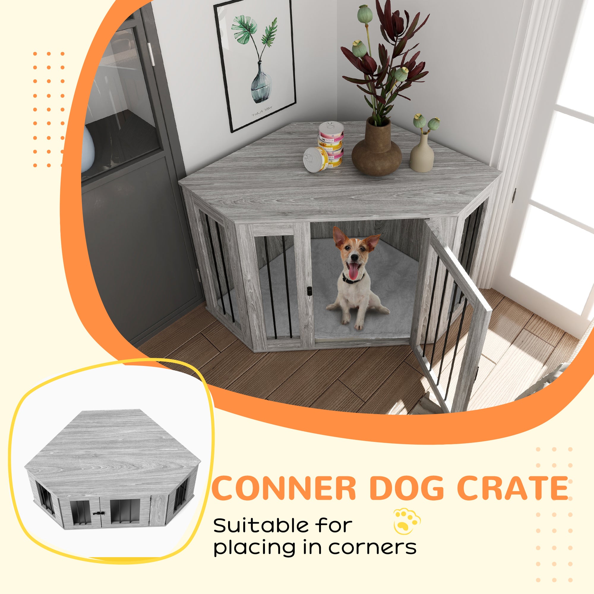 PawHut 2 in 1 Dog Crate Furniture, Side Table Dog Kennel with Cushion, Large Door, for Large Dogs - Grey