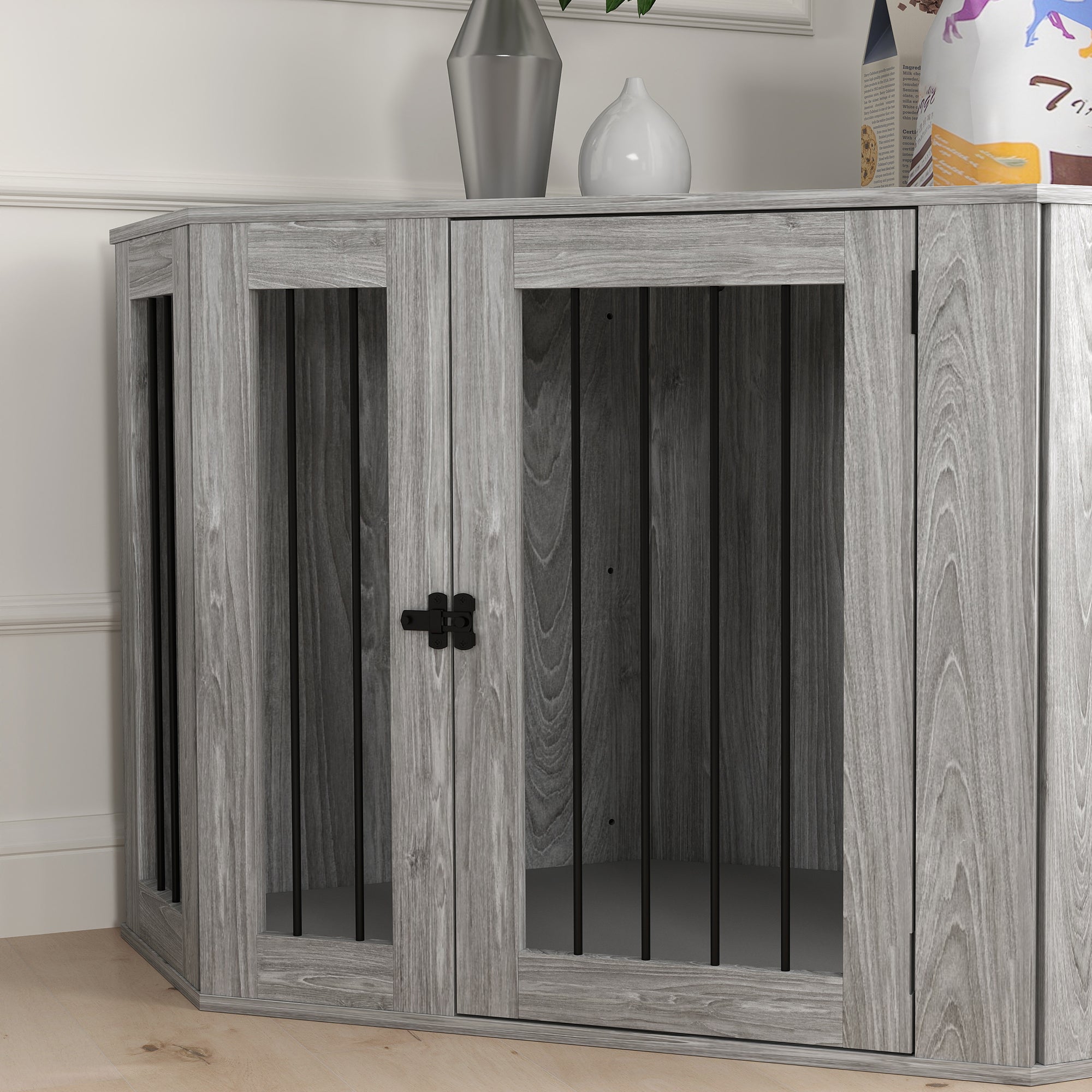 PawHut 2 in 1 Dog Crate Furniture, Side Table Dog Kennel with Cushion, Large Door, for Large Dogs - Grey