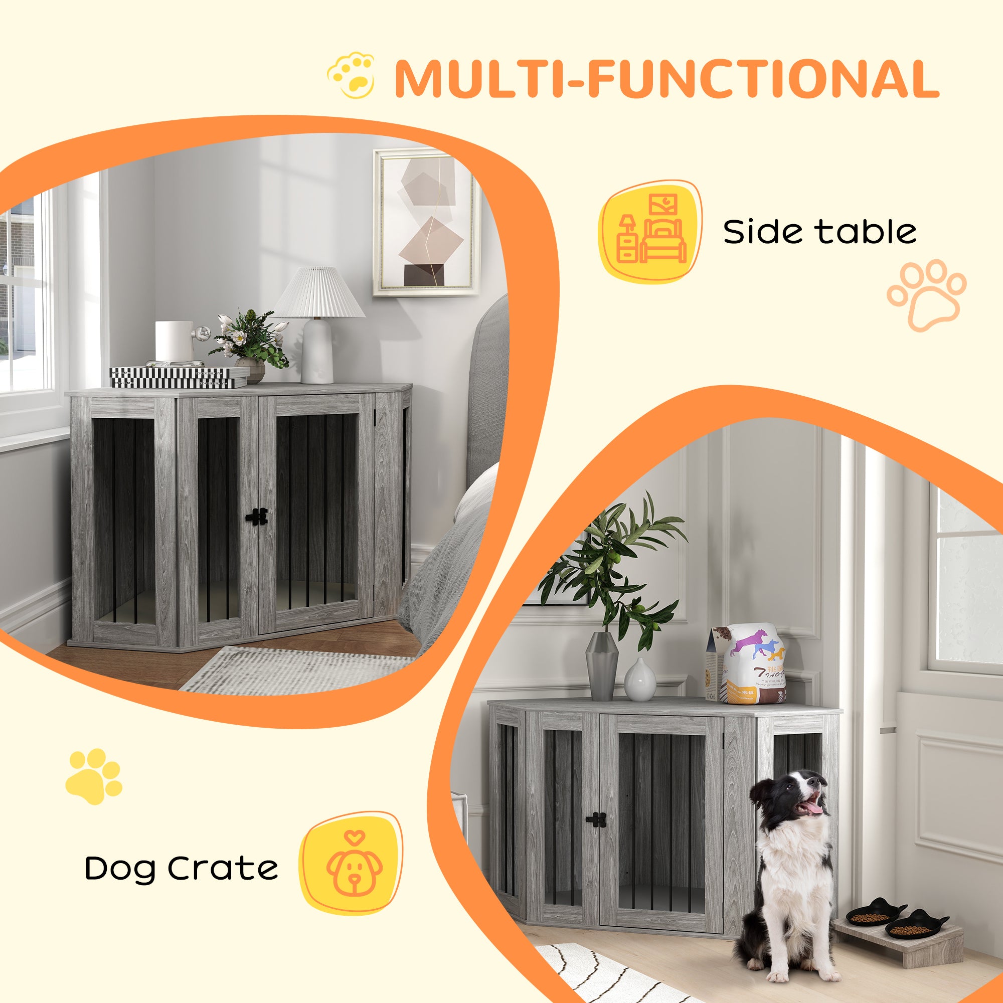 PawHut 2 in 1 Dog Crate Furniture, Side Table Dog Kennel with Cushion, Large Door, for Large Dogs - Grey