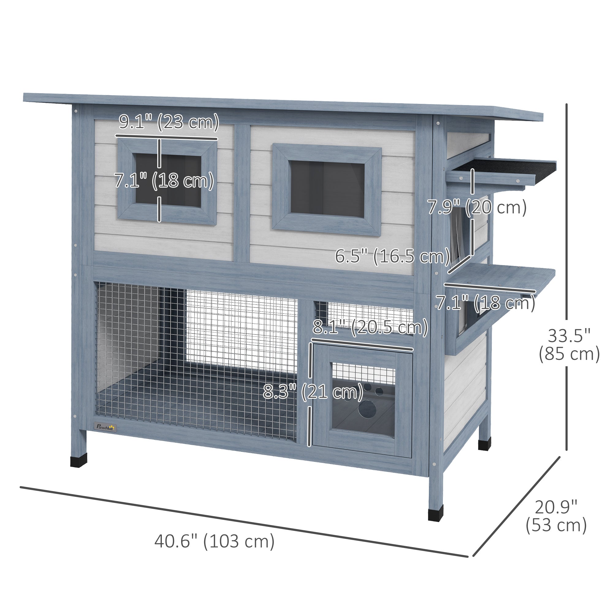 PawHut Outdoor Cat House, 2 Tier Wooden Feral Cat Shelter with Escape Door, Weatherproof Roof, Jump platform, Observer Windows, for 1-2 Cats, Outside and Backyard Use, Light Grey