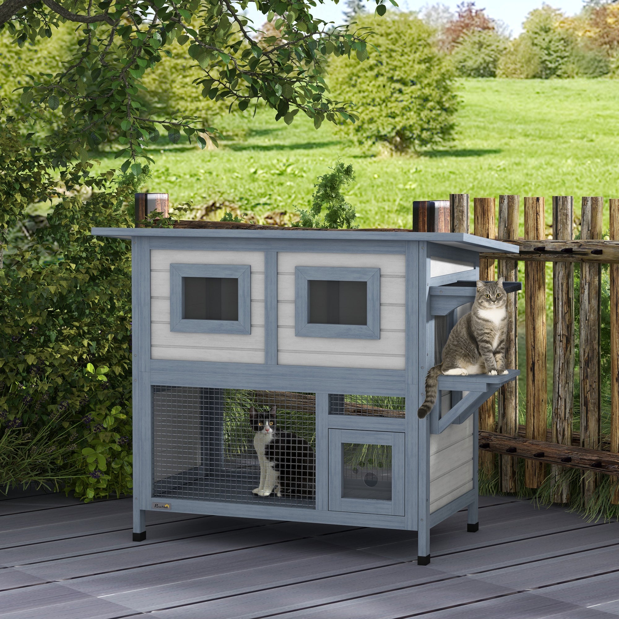 PawHut Outdoor Cat House, 2 Tier Wooden Feral Cat Shelter with Escape Door, Weatherproof Roof, Jump platform, Observer Windows, for 1-2 Cats, Outside and Backyard Use, Light Grey