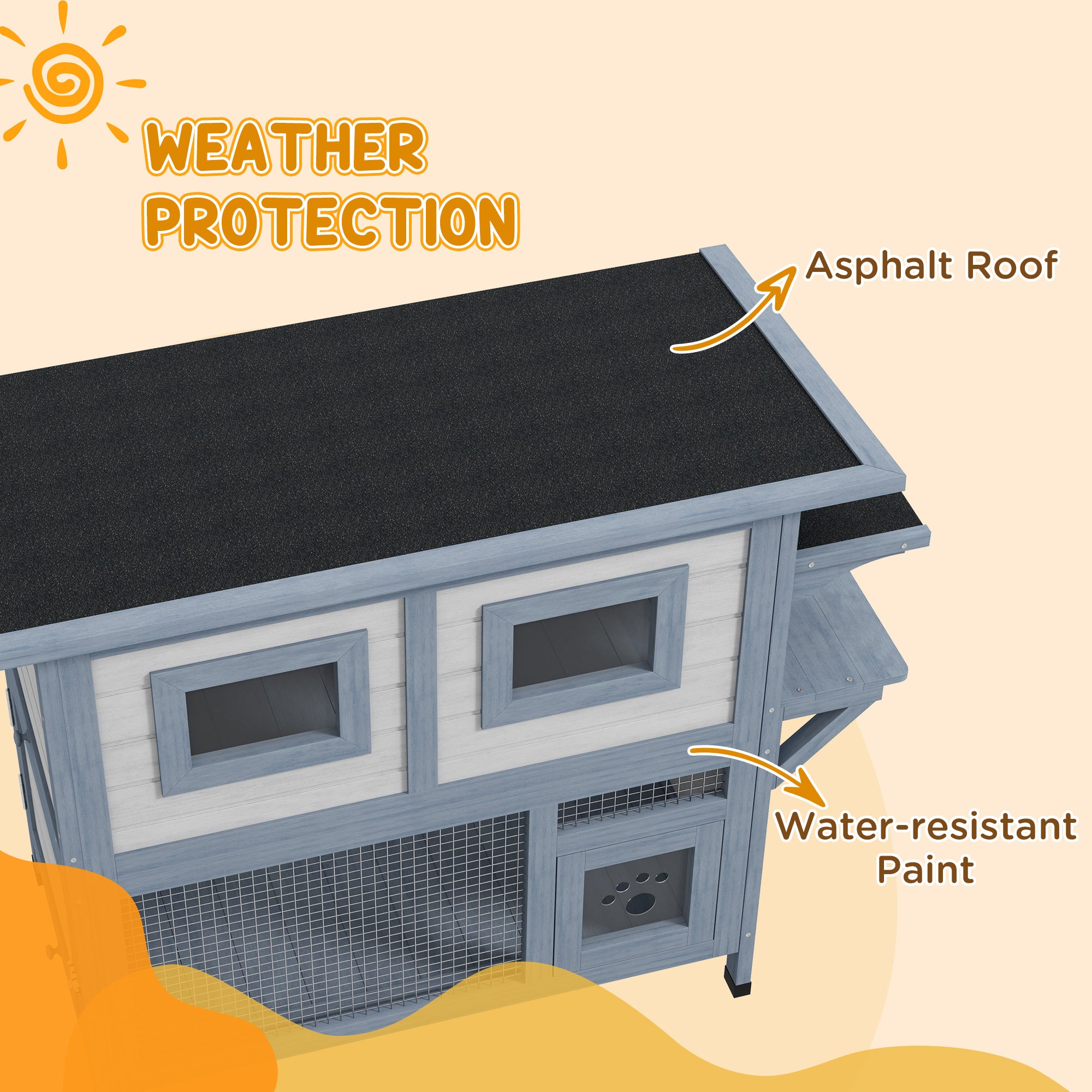 PawHut Outdoor Cat House, 2 Tier Wooden Feral Cat Shelter with Escape Door, Weatherproof Roof, Jump platform, Observer Windows, for 1-2 Cats, Outside and Backyard Use, Light Grey