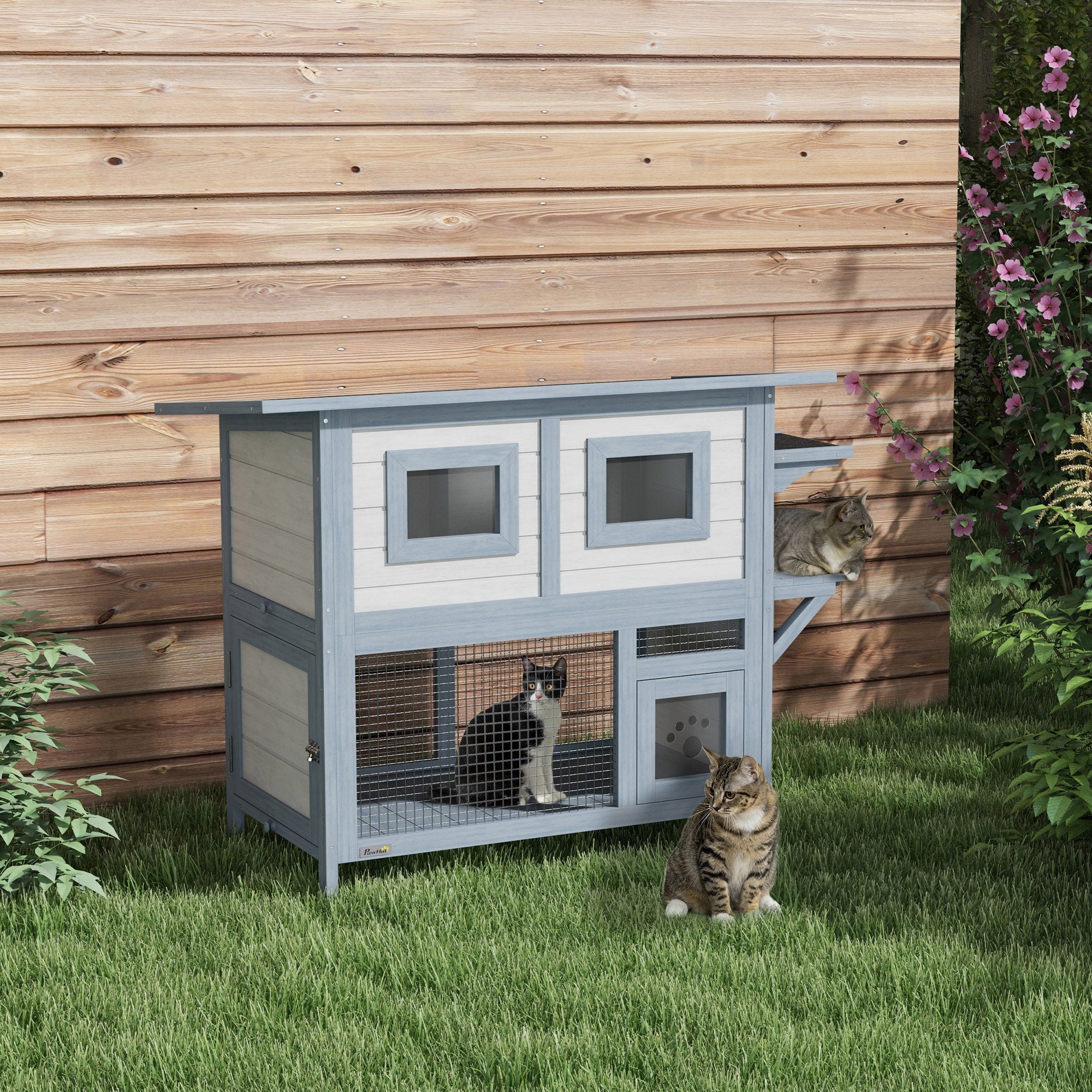 PawHut Outdoor Cat House, 2 Tier Wooden Feral Cat Shelter with Escape Door, Weatherproof Roof, Jump platform, Observer Windows, for 1-2 Cats, Outside and Backyard Use, Light Grey