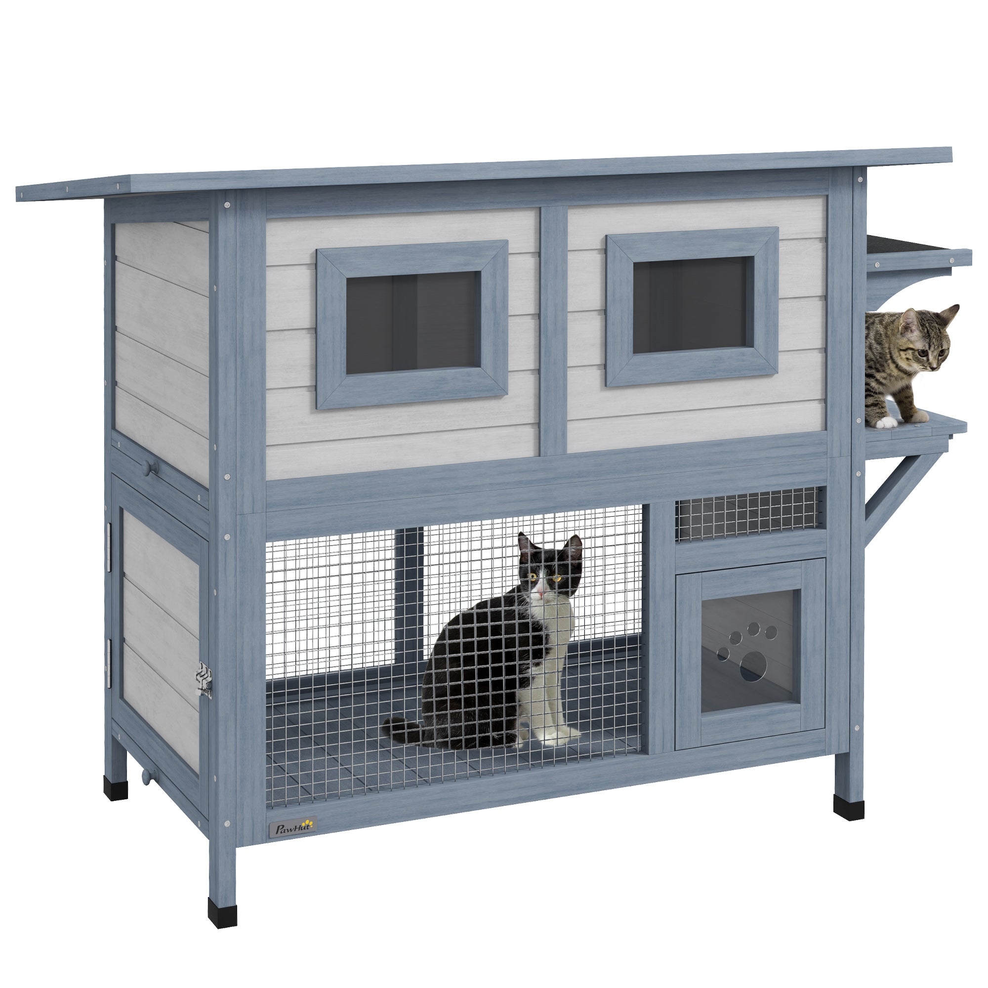 PawHut Outdoor Cat House, 2 Tier Wooden Feral Cat Shelter with Escape Door, Weatherproof Roof, Jump platform, Observer Windows, for 1-2 Cats, Outside and Backyard Use, Light Grey