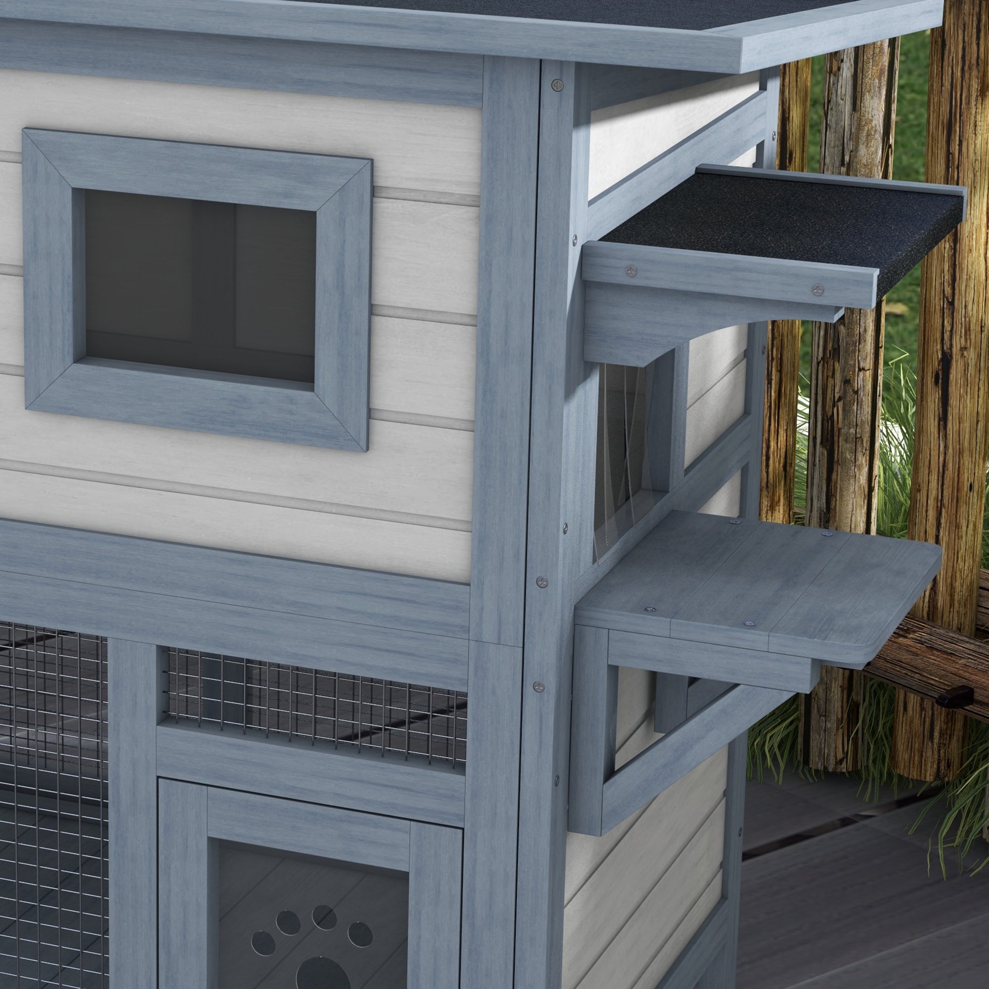 PawHut Outdoor Cat House, 2 Tier Wooden Feral Cat Shelter with Escape Door, Weatherproof Roof, Jump platform, Observer Windows, for 1-2 Cats, Outside and Backyard Use, Light Grey
