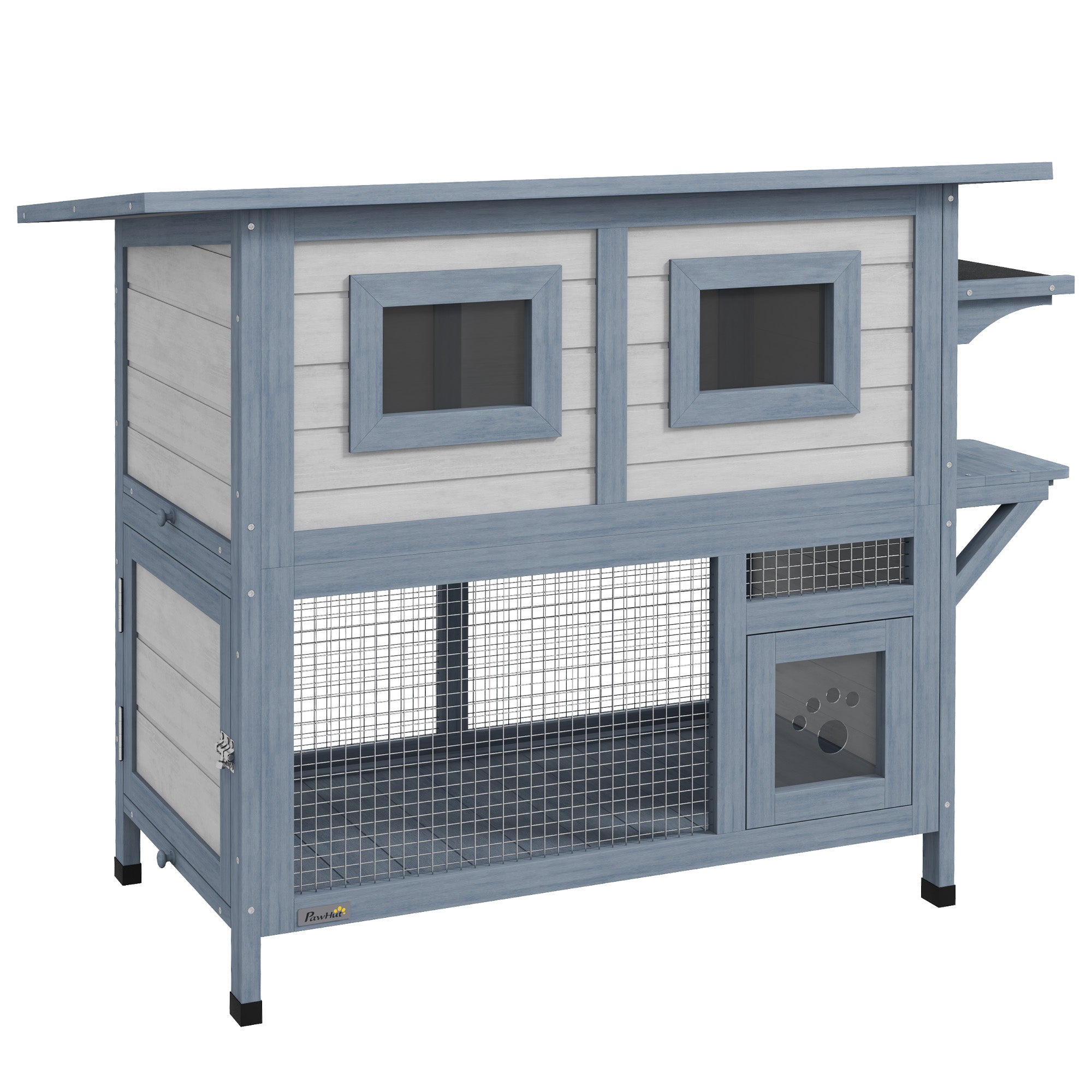 PawHut Outdoor Cat House, 2 Tier Wooden Feral Cat Shelter with Escape Door, Weatherproof Roof, Jump platform, Observer Windows, for 1-2 Cats, Outside and Backyard Use, Light Grey