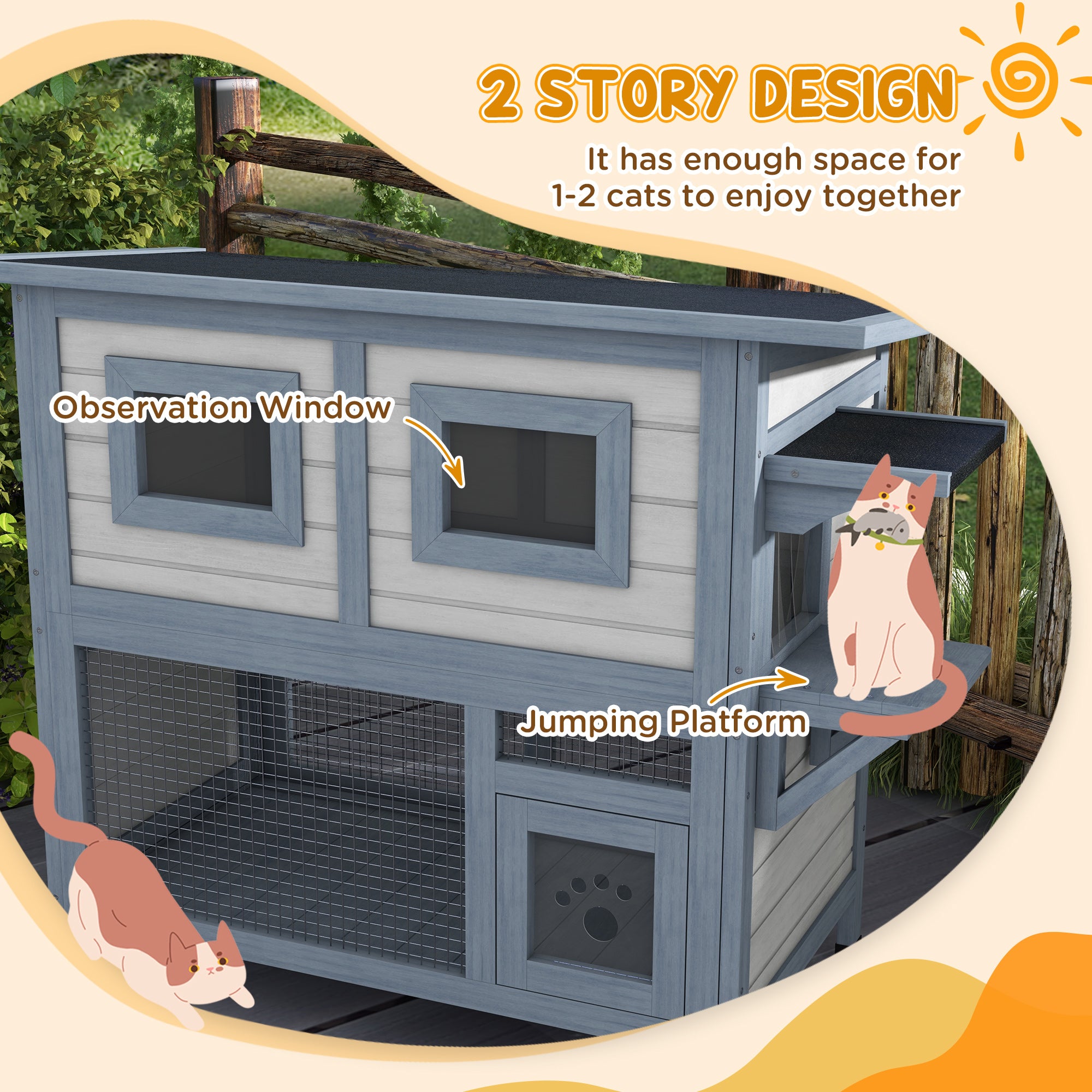 PawHut Outdoor Cat House, 2 Tier Wooden Feral Cat Shelter with Escape Door, Weatherproof Roof, Jump platform, Observer Windows, for 1-2 Cats, Outside and Backyard Use, Light Grey