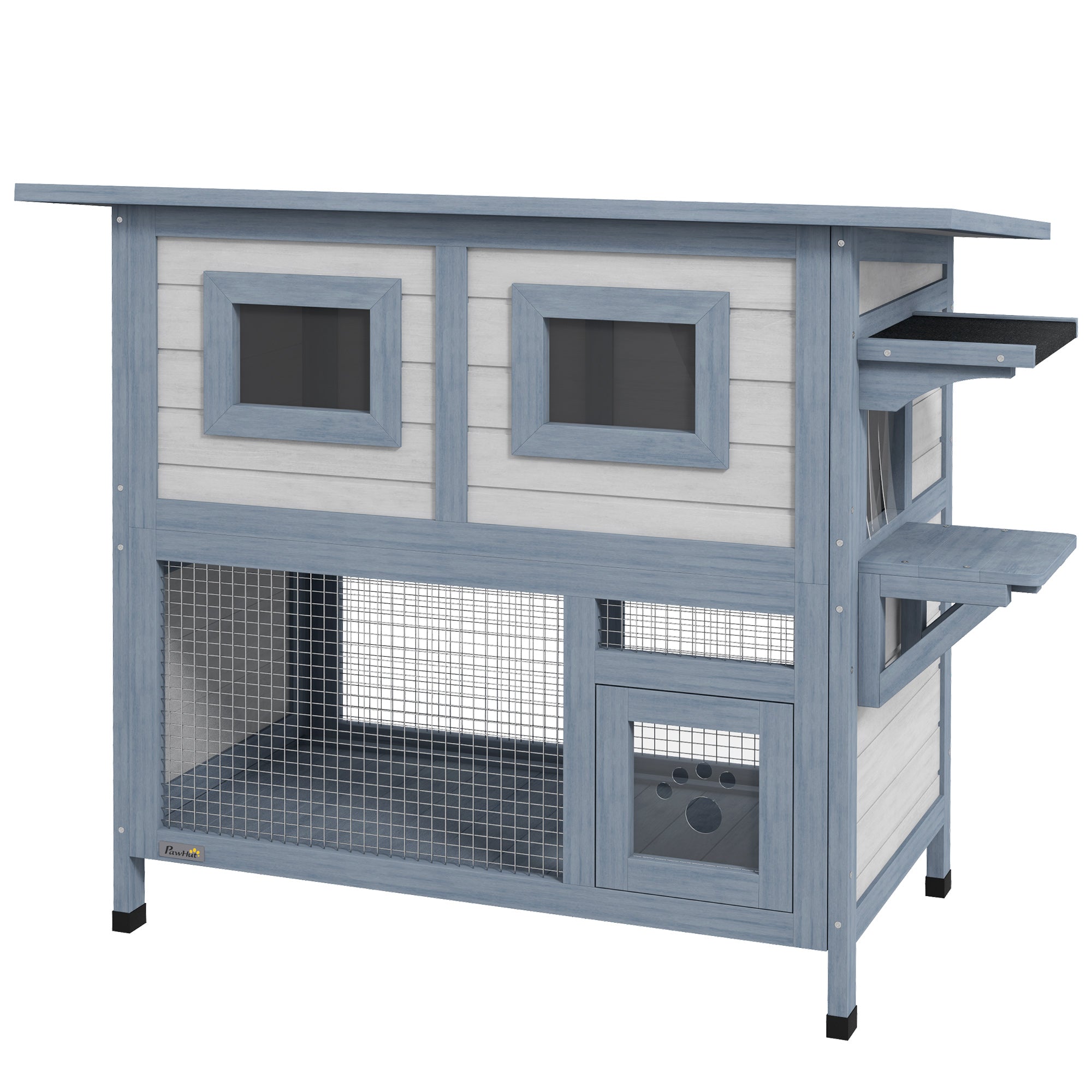 PawHut Outdoor Cat House, 2 Tier Wooden Feral Cat Shelter with Escape Door, Weatherproof Roof, Jump platform, Observer Windows, for 1-2 Cats, Outside and Backyard Use, Light Grey