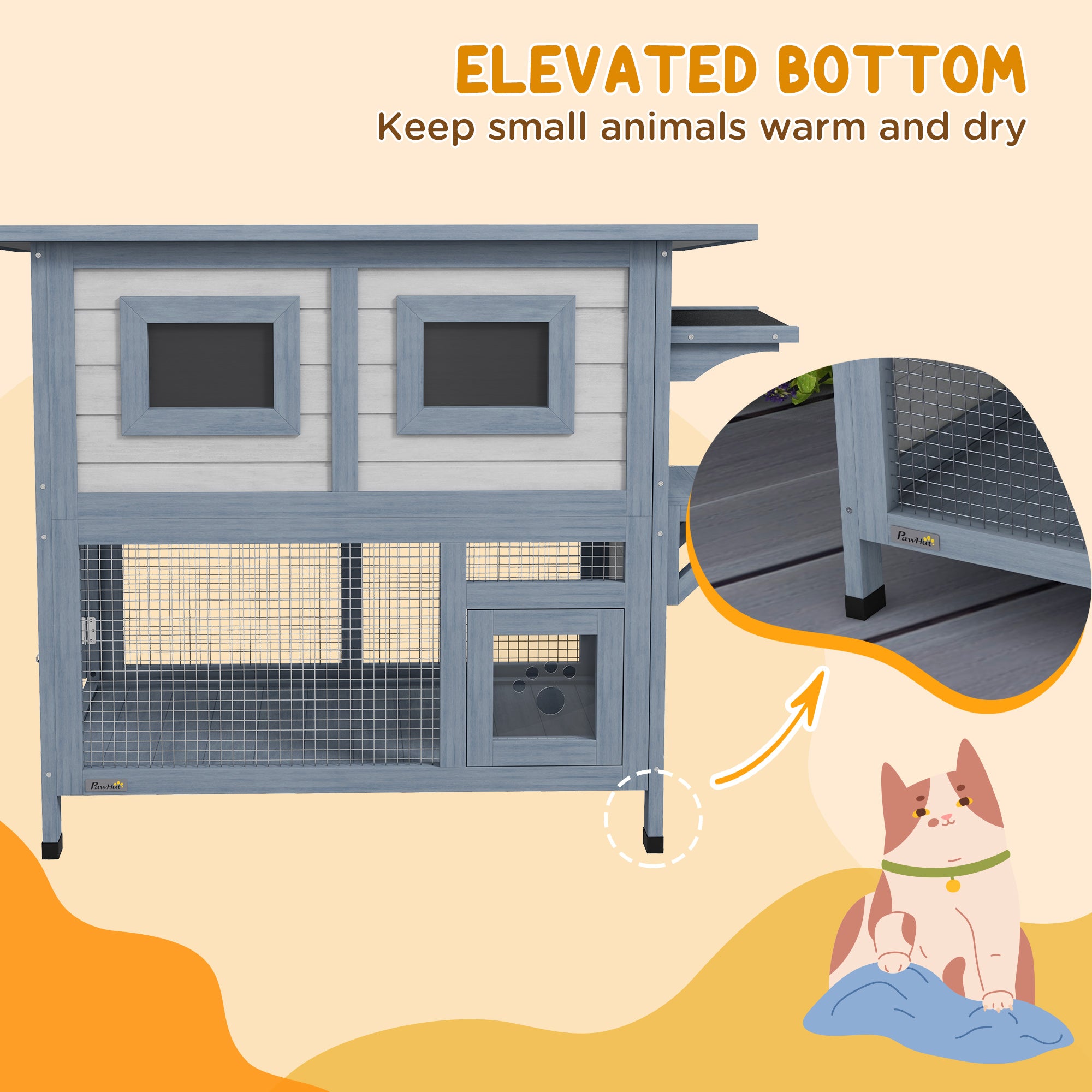 PawHut Outdoor Cat House, 2 Tier Wooden Feral Cat Shelter with Escape Door, Weatherproof Roof, Jump platform, Observer Windows, for 1-2 Cats, Outside and Backyard Use, Light Grey