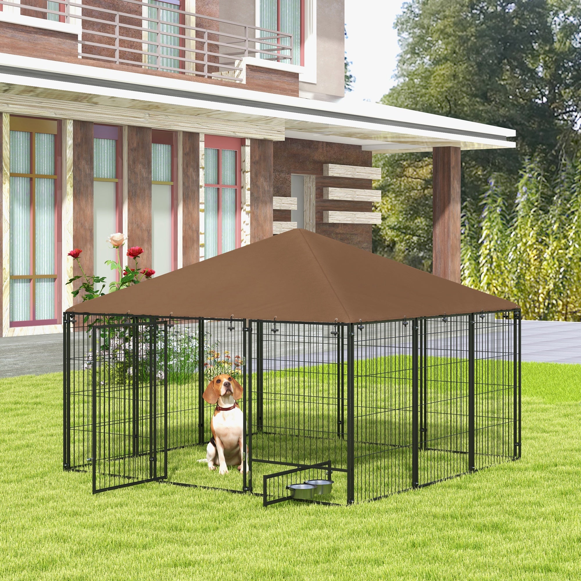 PawHut Large Dog Run, 6.9' x 6.9' x 5' Outdoor Dog Kennel with Canopy, Rotating Bowls, Door for Backyard & Garden, Coffee