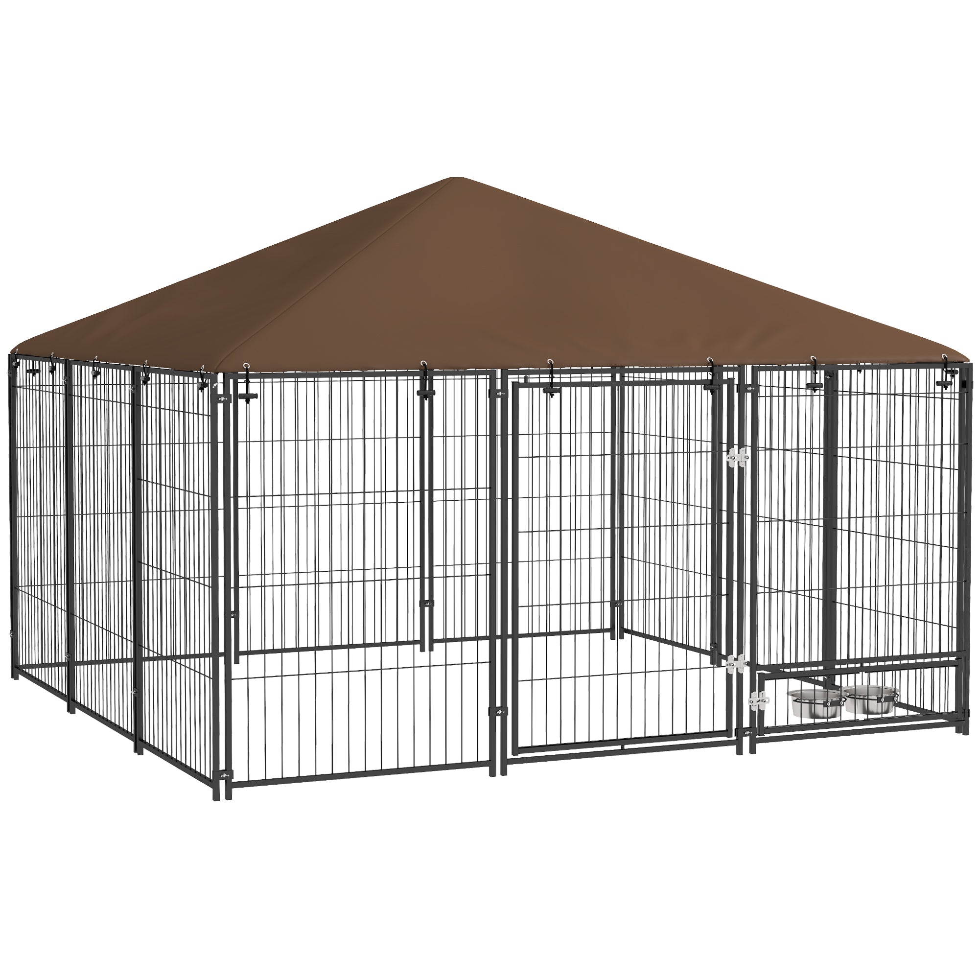 PawHut Large Dog Run, 6.9' x 6.9' x 5' Outdoor Dog Kennel with Canopy, Rotating Bowls, Door for Backyard & Garden, Coffee