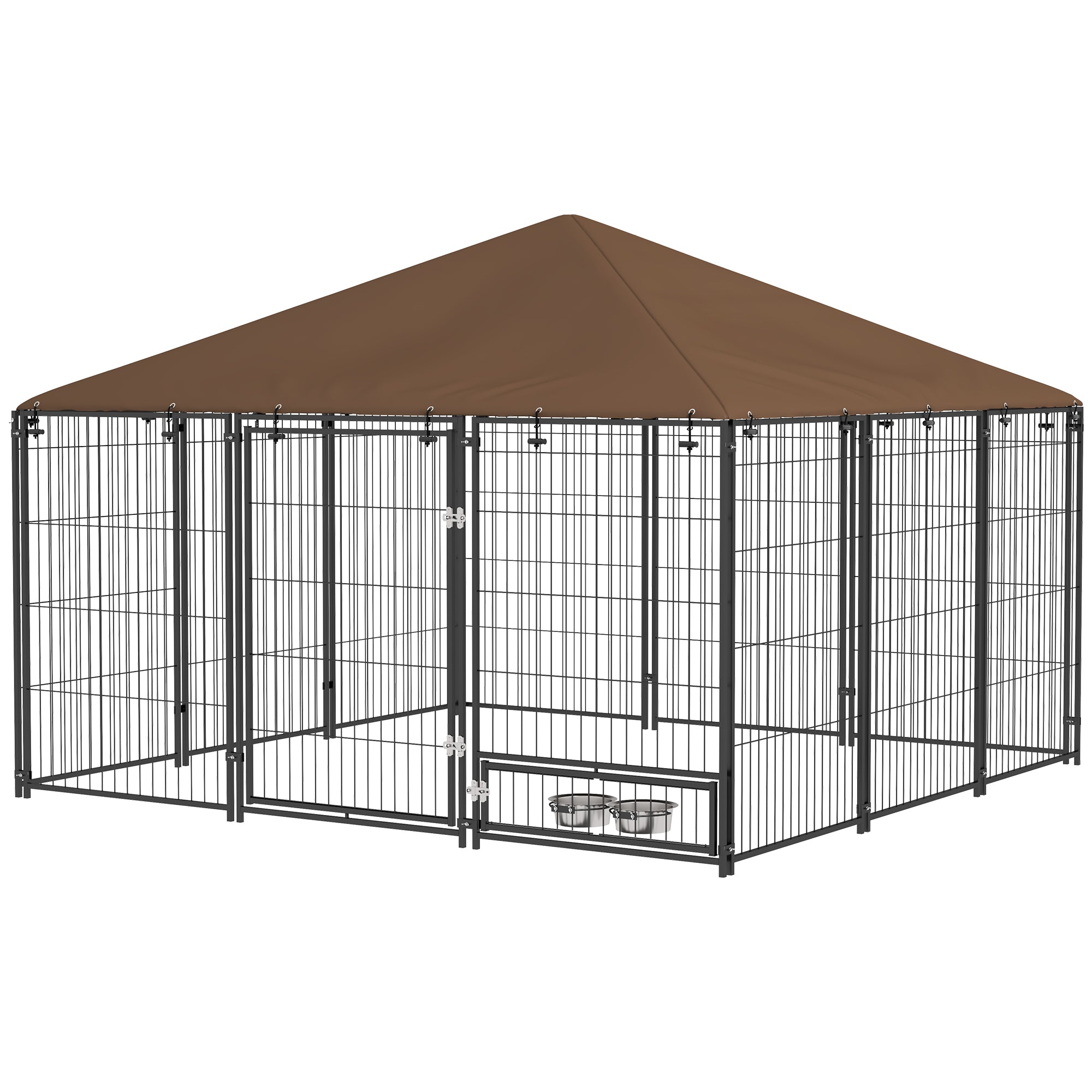 PawHut Large Dog Run, 6.9' x 6.9' x 5' Outdoor Dog Kennel with Canopy, Rotating Bowls, Door for Backyard & Garden, Coffee