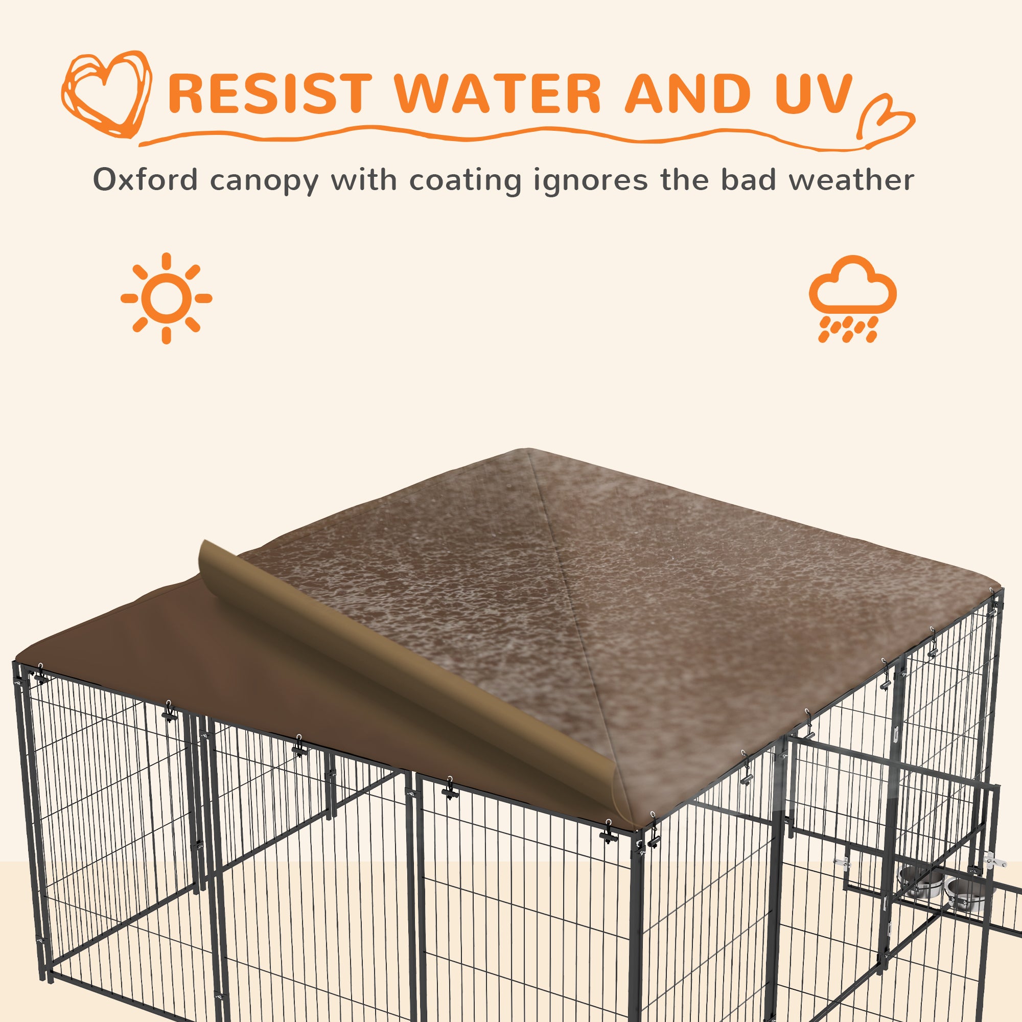 PawHut Large Dog Run, 6.9' x 6.9' x 5' Outdoor Dog Kennel with Canopy, Rotating Bowls, Door for Backyard & Garden, Coffee