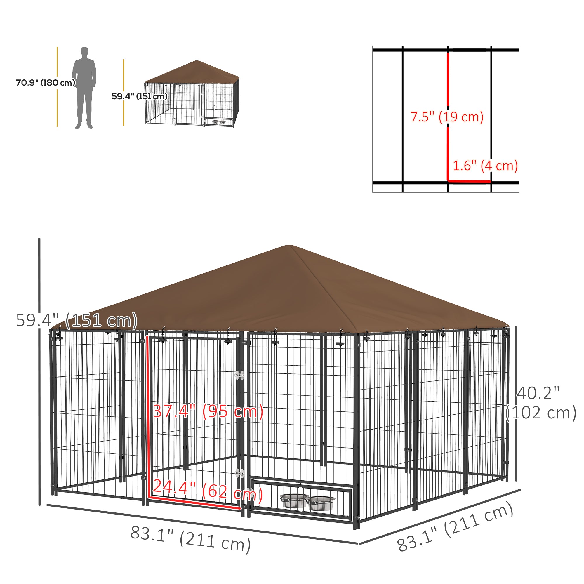 PawHut Large Dog Run, 6.9' x 6.9' x 5' Outdoor Dog Kennel with Canopy, Rotating Bowls, Door for Backyard & Garden, Coffee