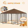 PawHut Large Dog Run, 6.9' x 6.9' x 5' Outdoor Dog Kennel with Canopy, Rotating Bowls, Door for Backyard & Garden, Coffee