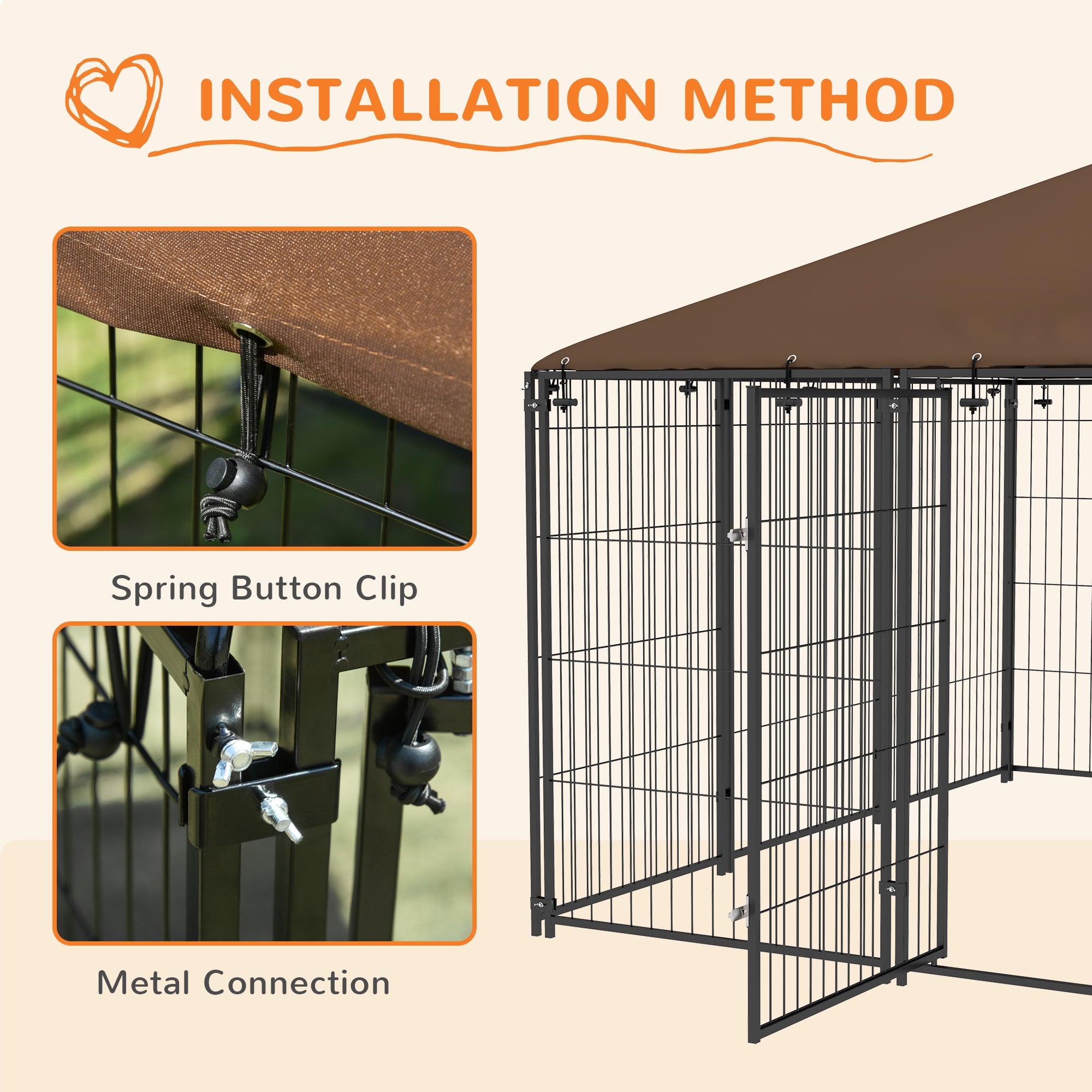 PawHut Large Dog Run, 6.9' x 6.9' x 5' Outdoor Dog Kennel with Canopy, Rotating Bowls, Door for Backyard & Garden, Coffee