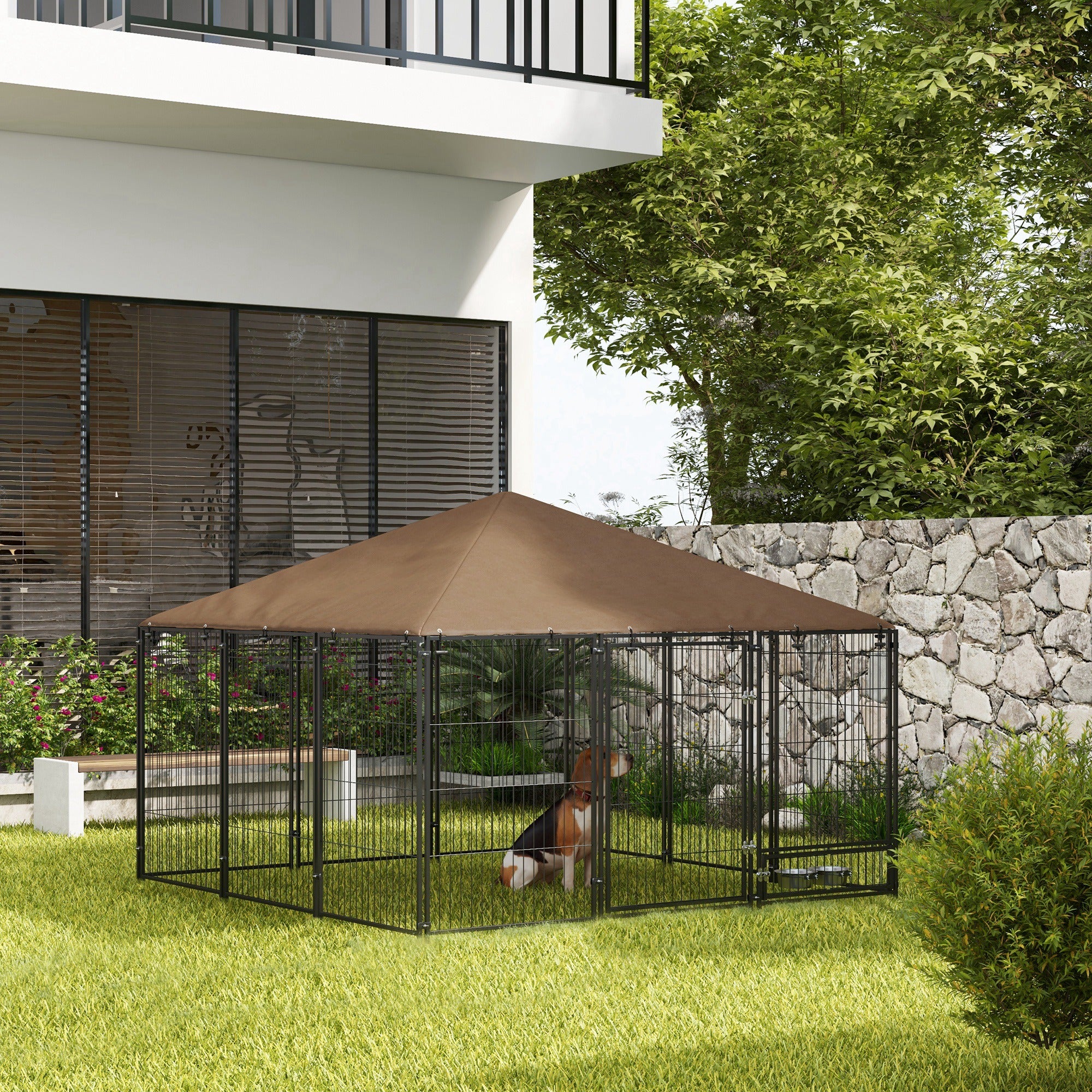 PawHut Large Dog Run, 6.9' x 6.9' x 5' Outdoor Dog Kennel with Canopy, Rotating Bowls, Door for Backyard & Garden, Coffee