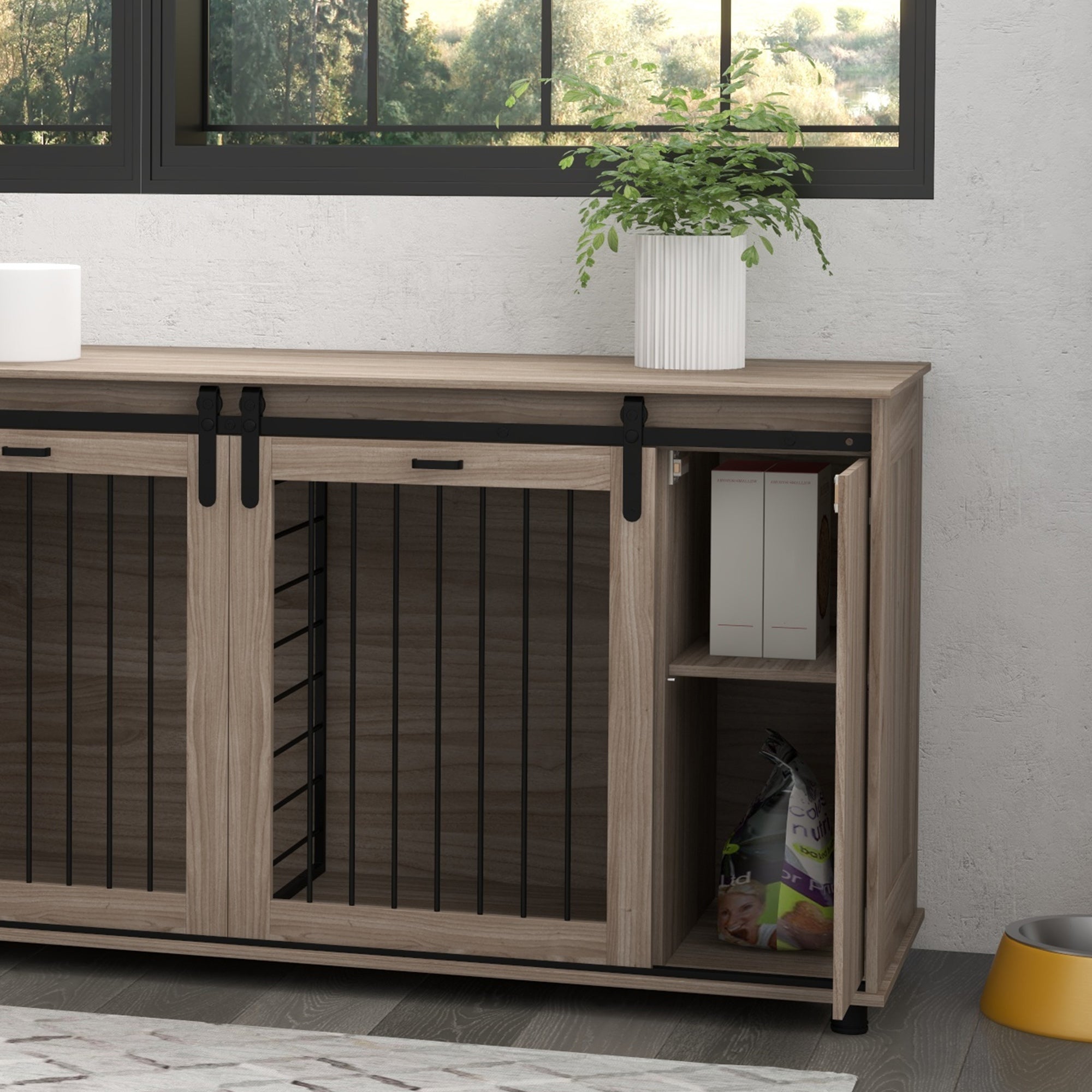 PawHut Dog Crate Furniture with Removable Divider for 2 Small Dogs or 1 Large Dog, 71" Modern Dog Kennel Furniture End Table with Storage, Double Doors, Walnut