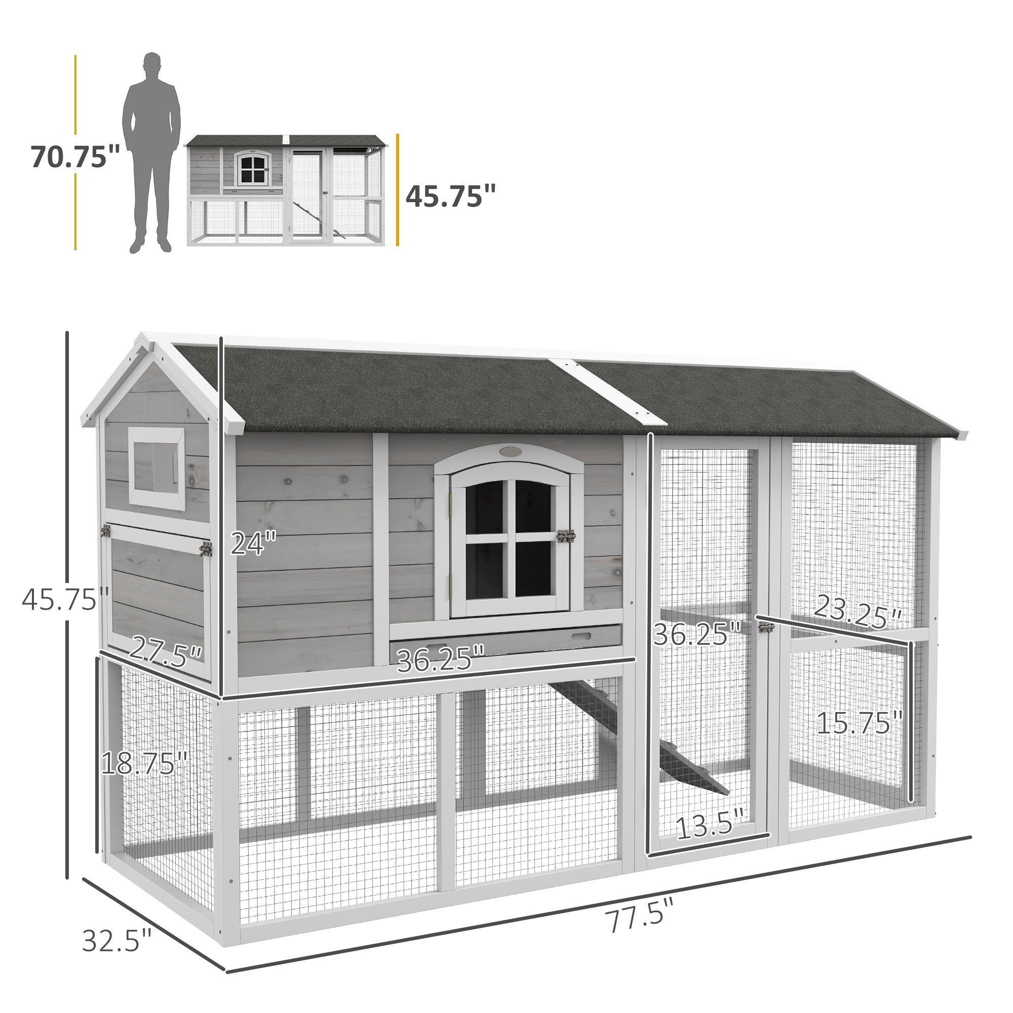 PawHut Wooden Chicken Coop with Run for 3 - 4 Chickens, Hen House with Nesting Box, Removable Tray, Outdoor Poultry Cage, 77.5" x 32.5" x 46", Light Gray
