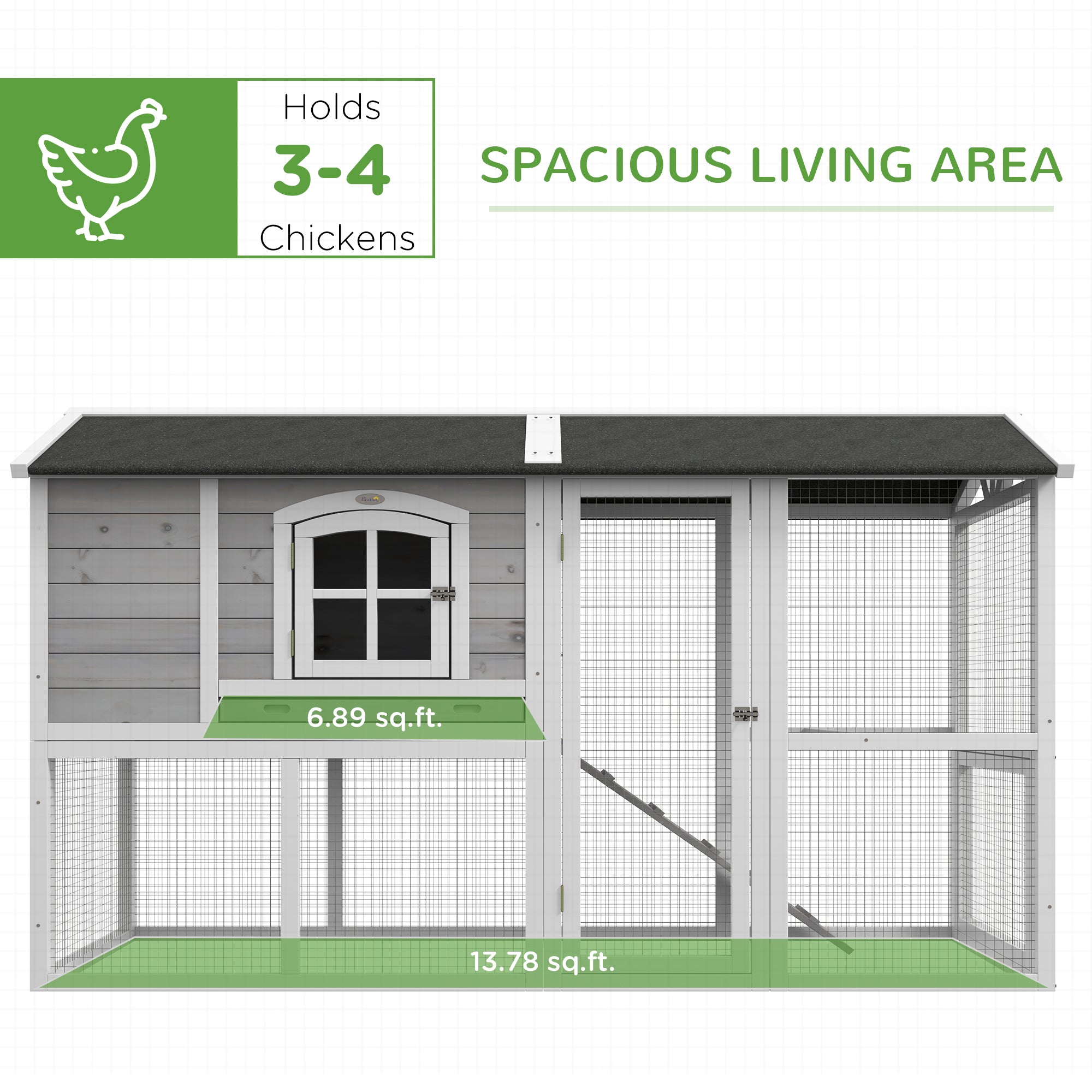 PawHut Wooden Chicken Coop with Run for 3 - 4 Chickens, Hen House with Nesting Box, Removable Tray, Outdoor Poultry Cage, 77.5" x 32.5" x 46", Light Gray