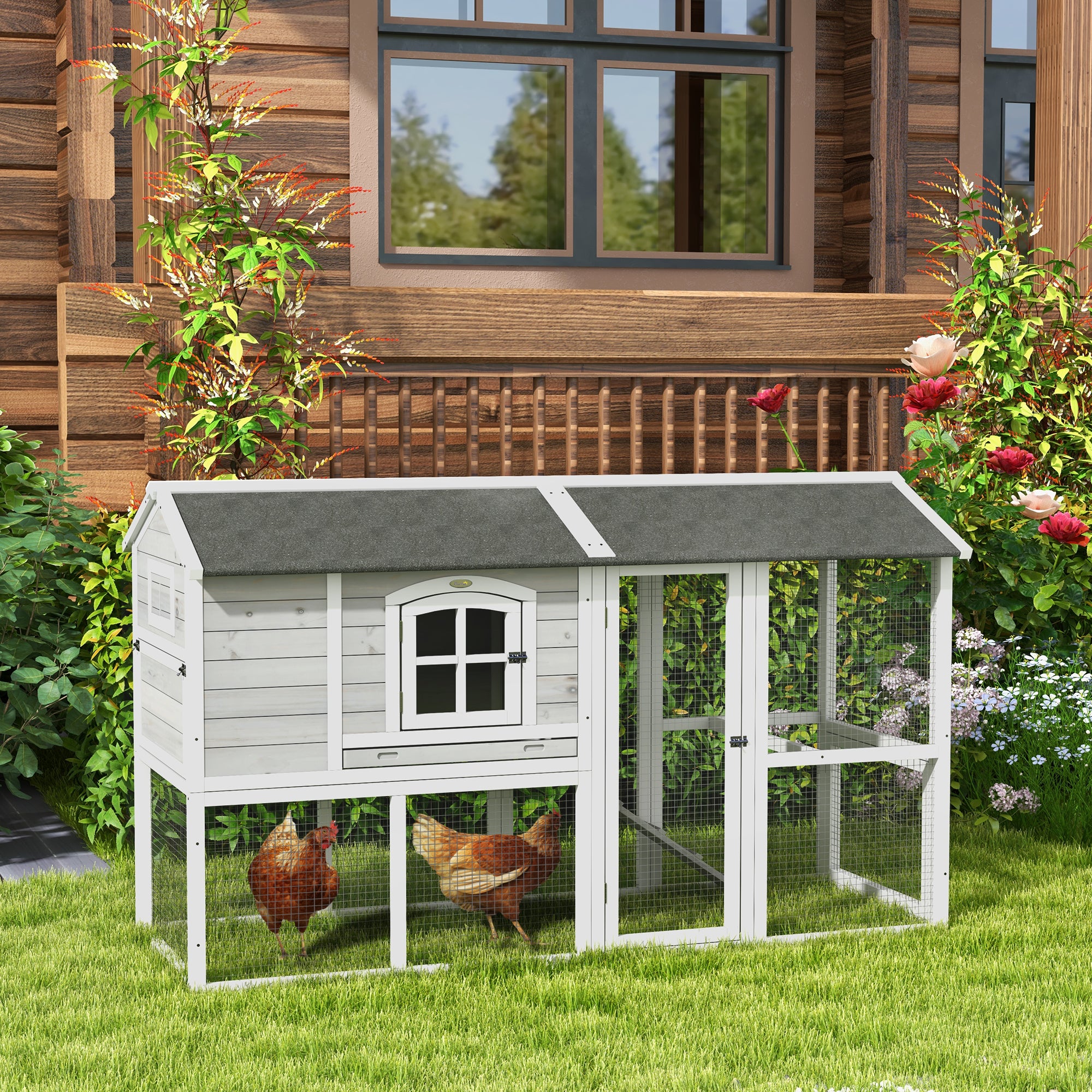 PawHut Wooden Chicken Coop with Run for 3 - 4 Chickens, Hen House with Nesting Box, Removable Tray, Outdoor Poultry Cage, 77.5" x 32.5" x 46", Light Gray