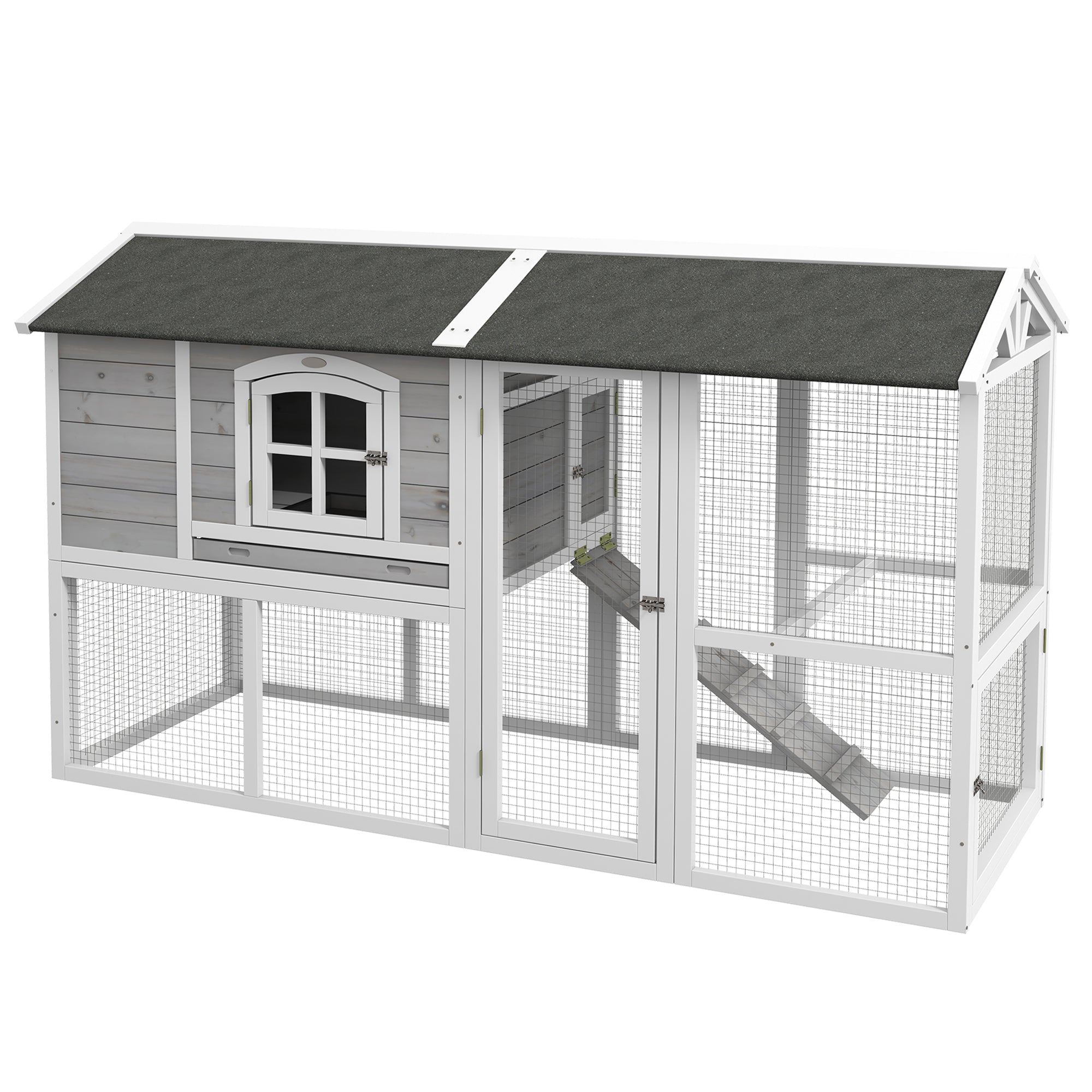 PawHut Wooden Chicken Coop with Run for 3 - 4 Chickens, Hen House with Nesting Box, Removable Tray, Outdoor Poultry Cage, 77.5" x 32.5" x 46", Light Gray