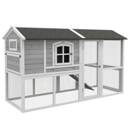 PawHut Wooden Chicken Coop with Run for 3 - 4 Chickens, Hen House with Nesting Box, Removable Tray, Outdoor Poultry Cage, 77.5" x 32.5" x 46", Light Gray