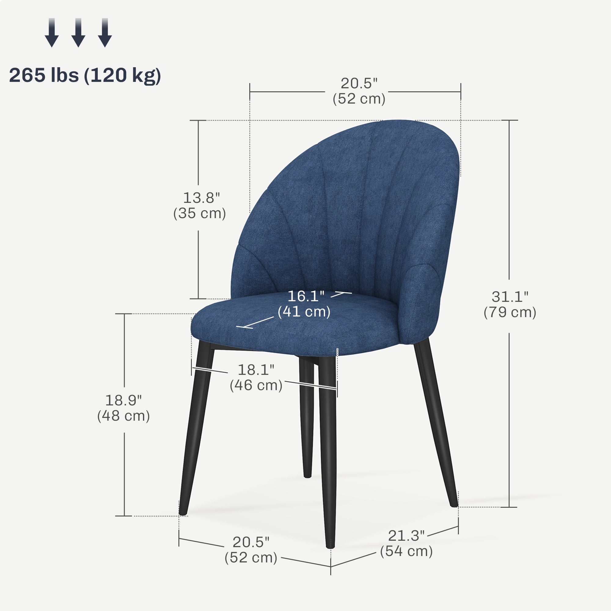 HOMCOM Dining Chairs Set of 4, Modern Upholstered Kitchen Chairs with Metal Legs, Shell Backrest and Padded Seat, Side Chairs for Dining Room, Bedroom, Living Room, Blue
