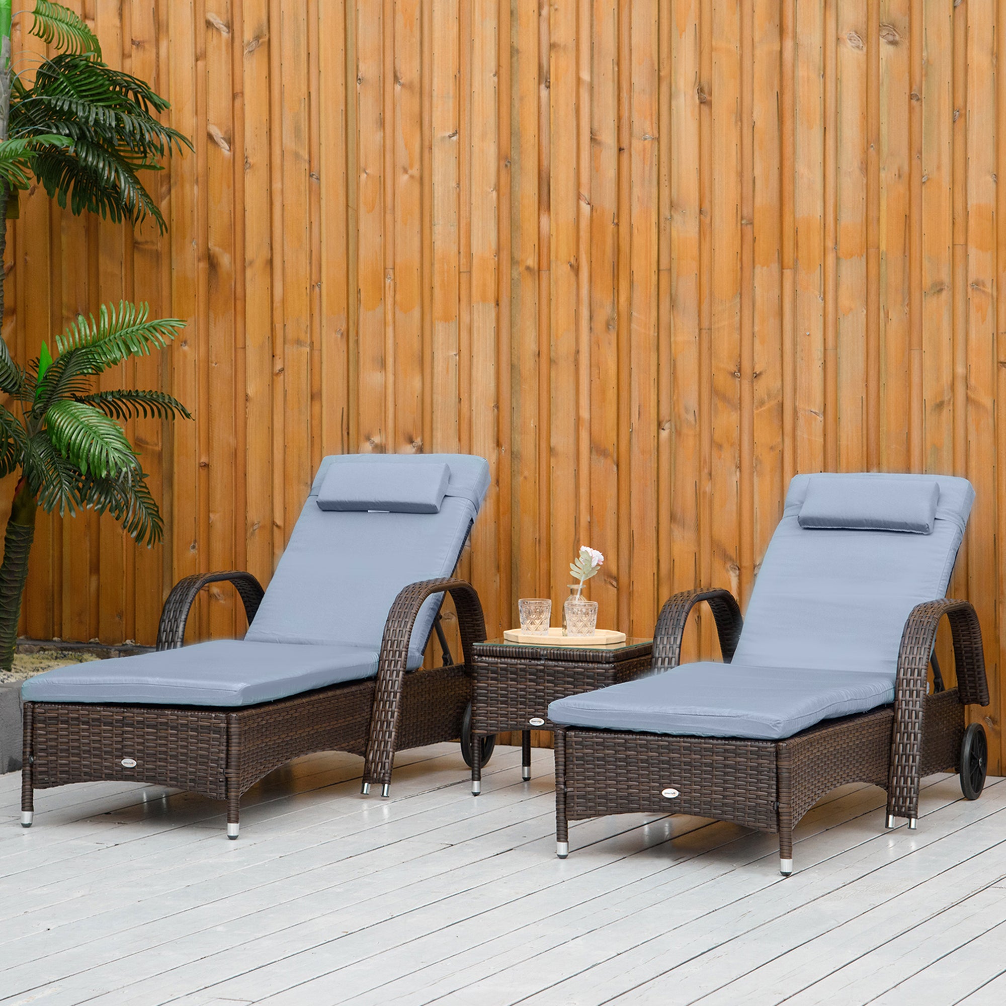 Outsunny 3 Pieces Wicker Patio Lounger Set with Table, PE Rattan Outdoor Lounge Chair Set with Cushions, Wheels, 5-Level Reclining Backrest, Headrest, Brown/Grey