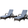 Outsunny 3 Pieces Wicker Patio Lounger Set with Table, PE Rattan Outdoor Lounge Chair Set with Cushions, Wheels, 5-Level Reclining Backrest, Headrest, Brown/Grey
