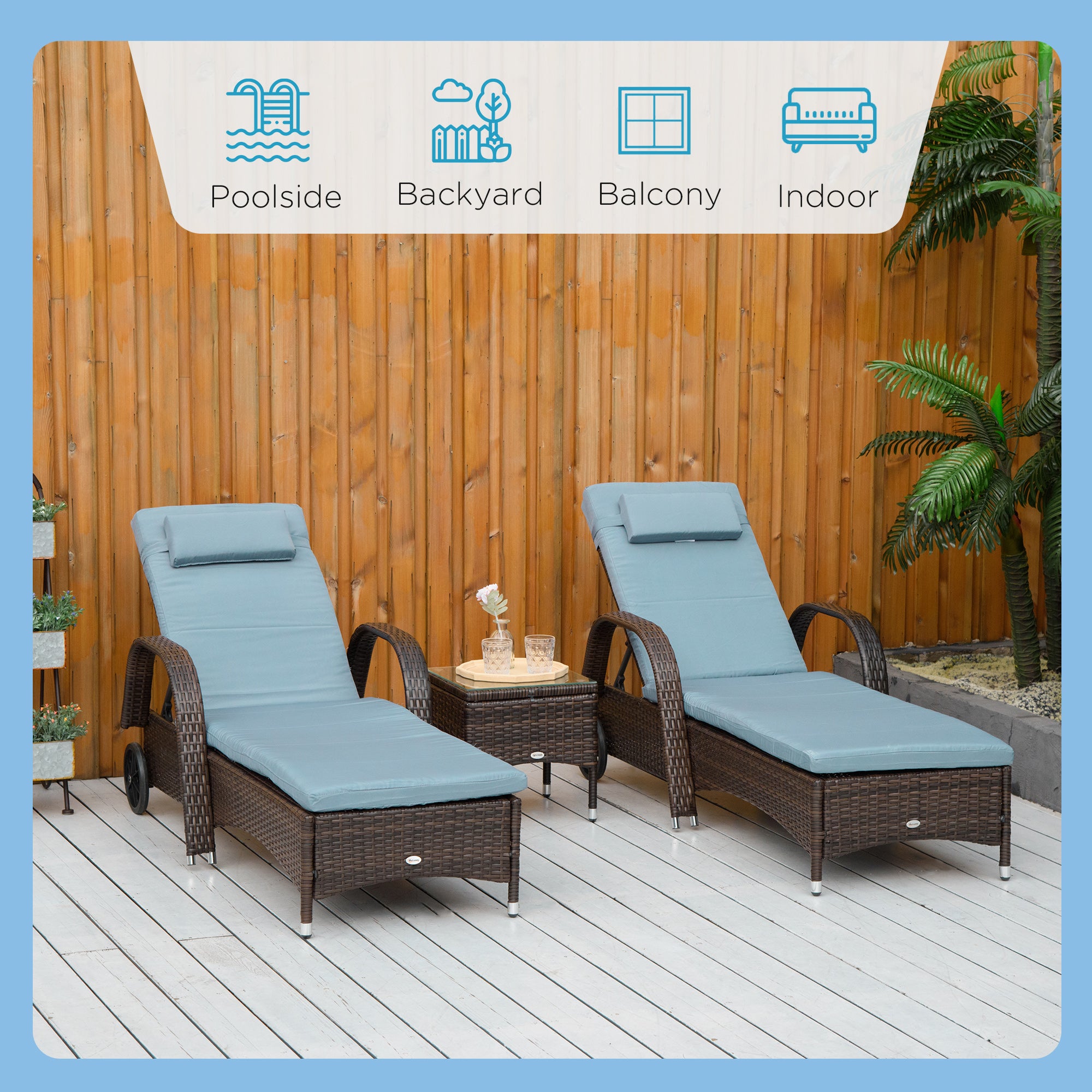 Outsunny 3 Pieces Wicker Patio Lounger Set with Table, PE Rattan Outdoor Lounge Chair Set with Cushions, Wheels, 5-Level Reclining Backrest, Headrest, Brown/Grey